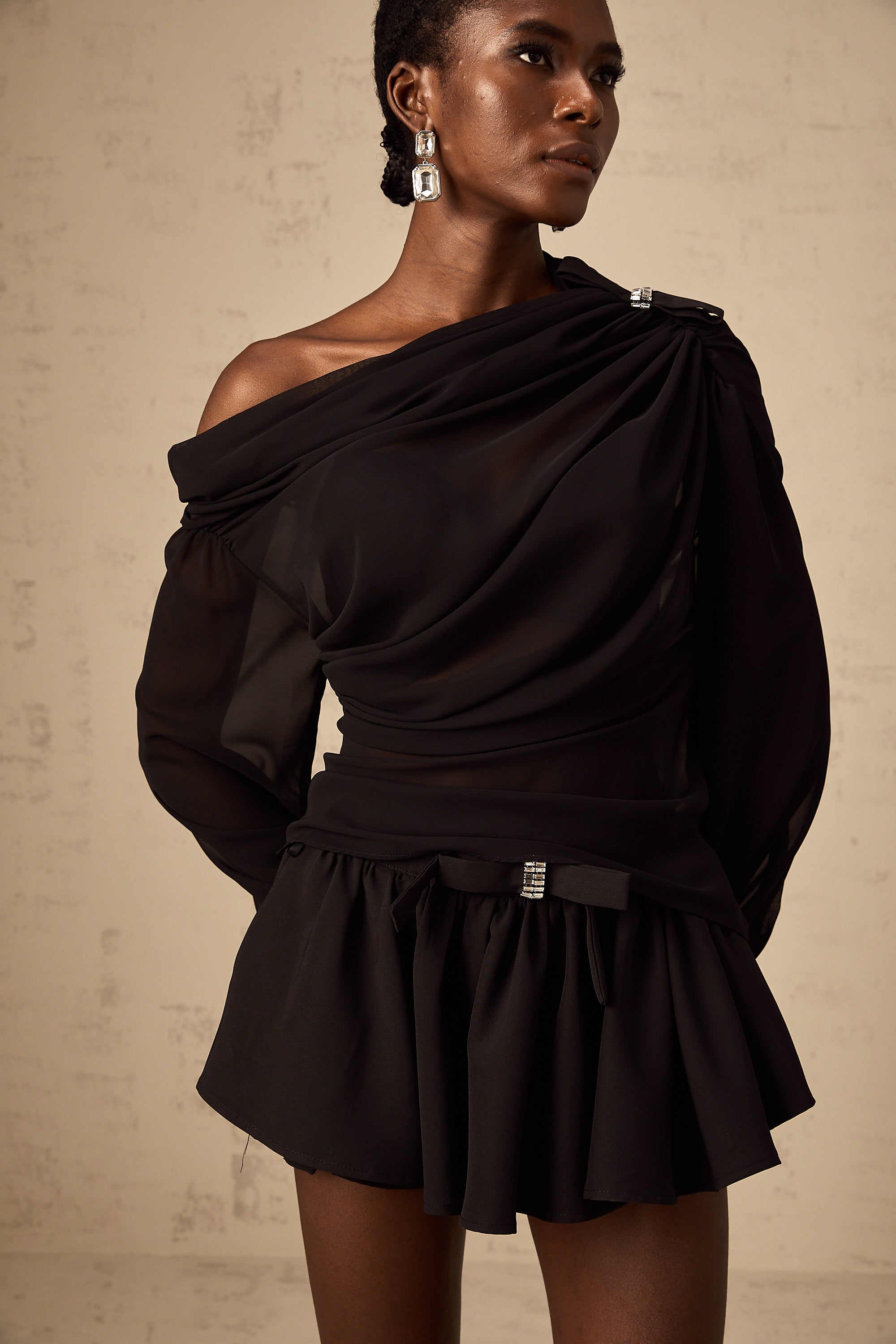Andrea asymmetrical tulle blouse & skirt matching set in Black