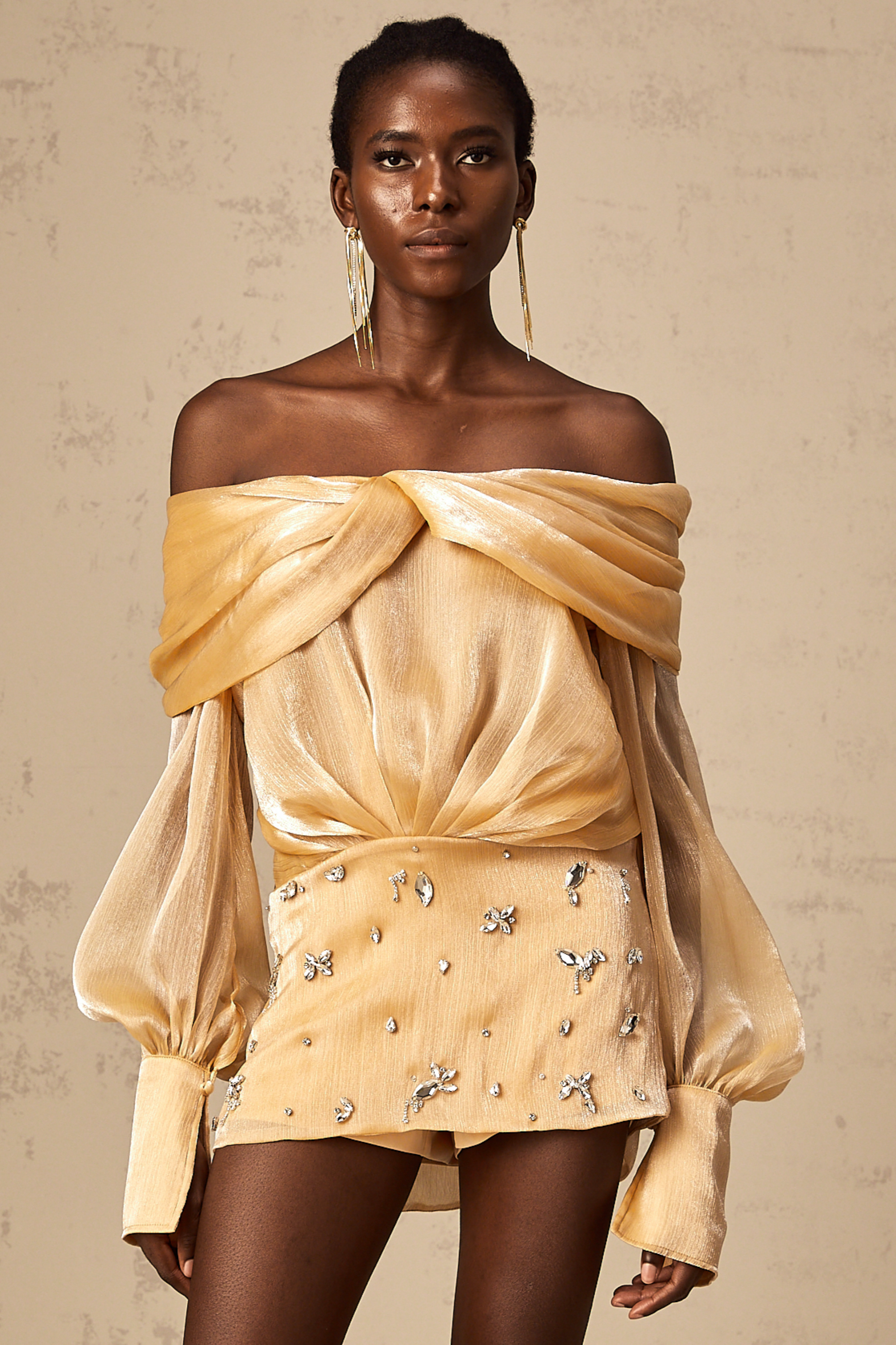 Adelina gold crystal-embellished panelled mini dress (Final Sale-US Only)