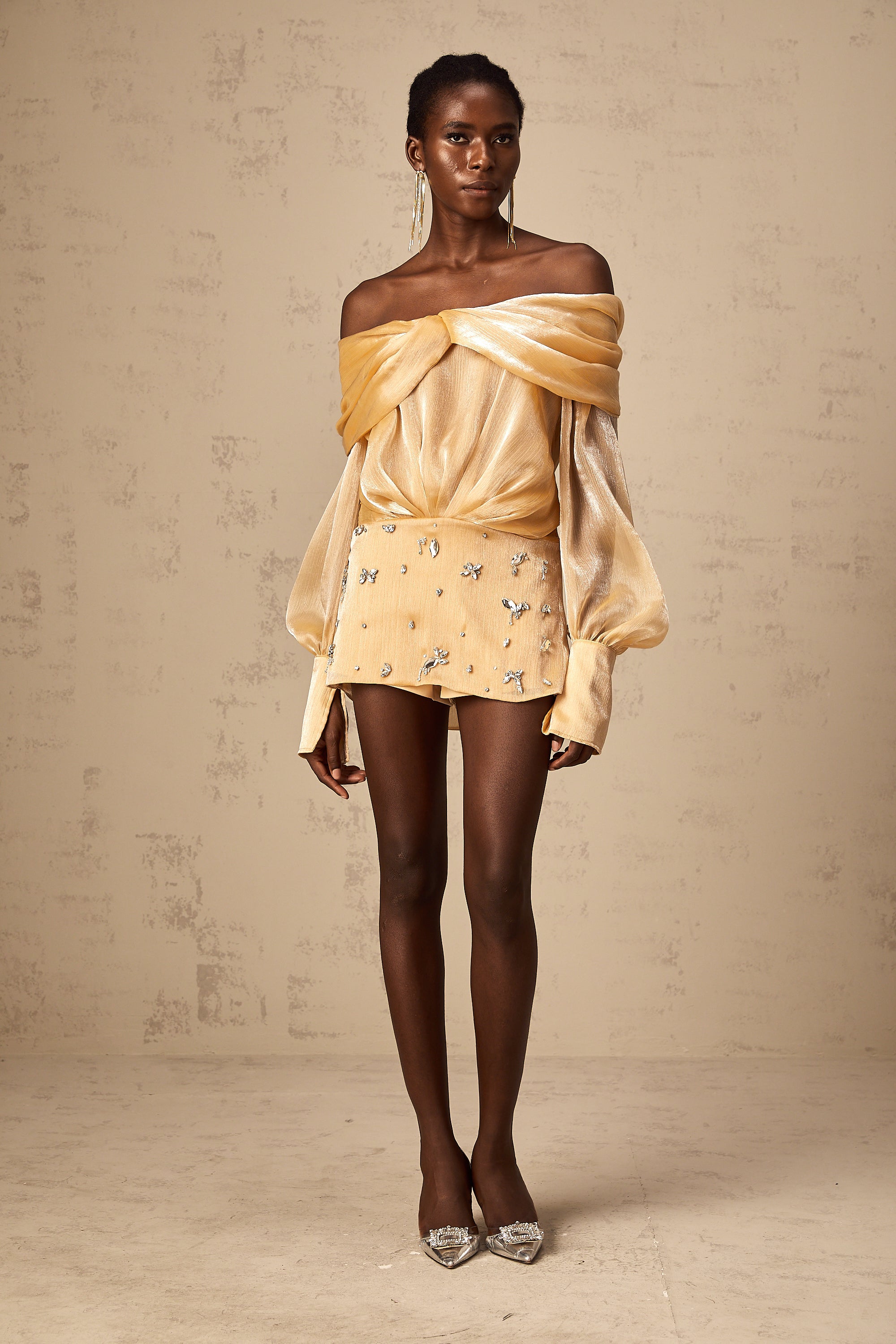 Adelina gold crystal-embellished panelled mini dress (Final Sale)