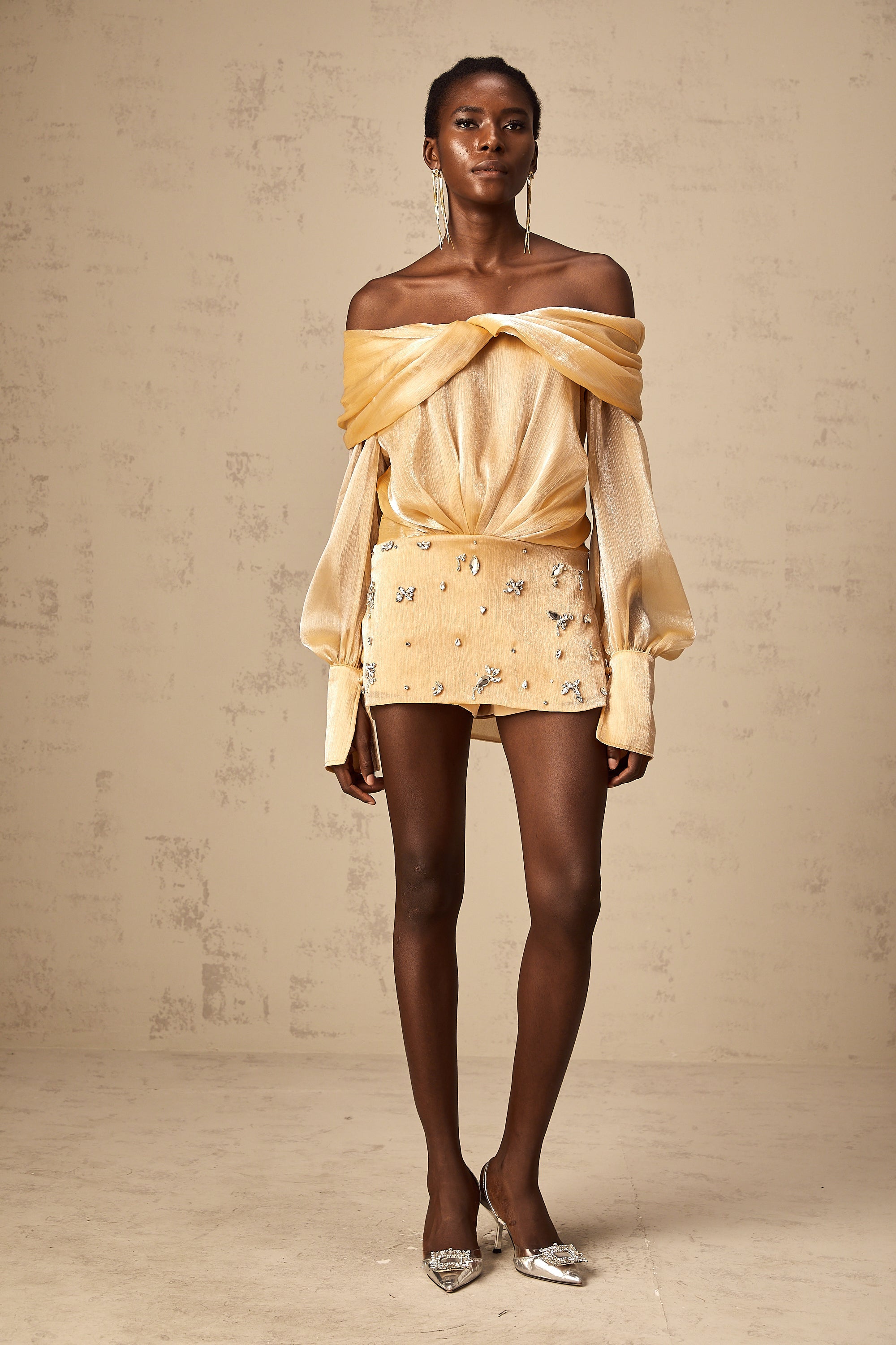 Adelina gold crystal-embellished panelled mini dress (Final Sale)