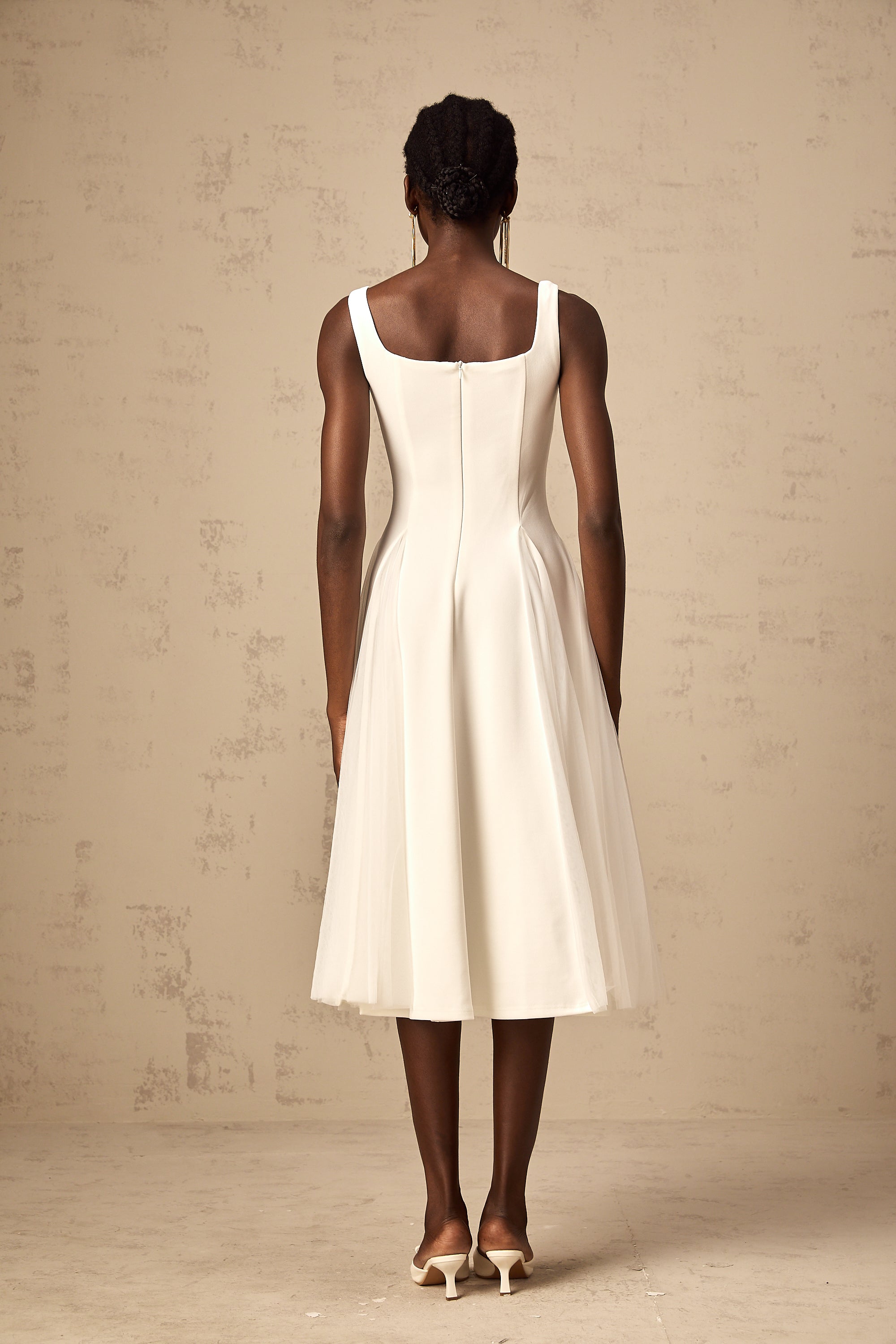 Danielle white tulle godet midi dress (US Only)