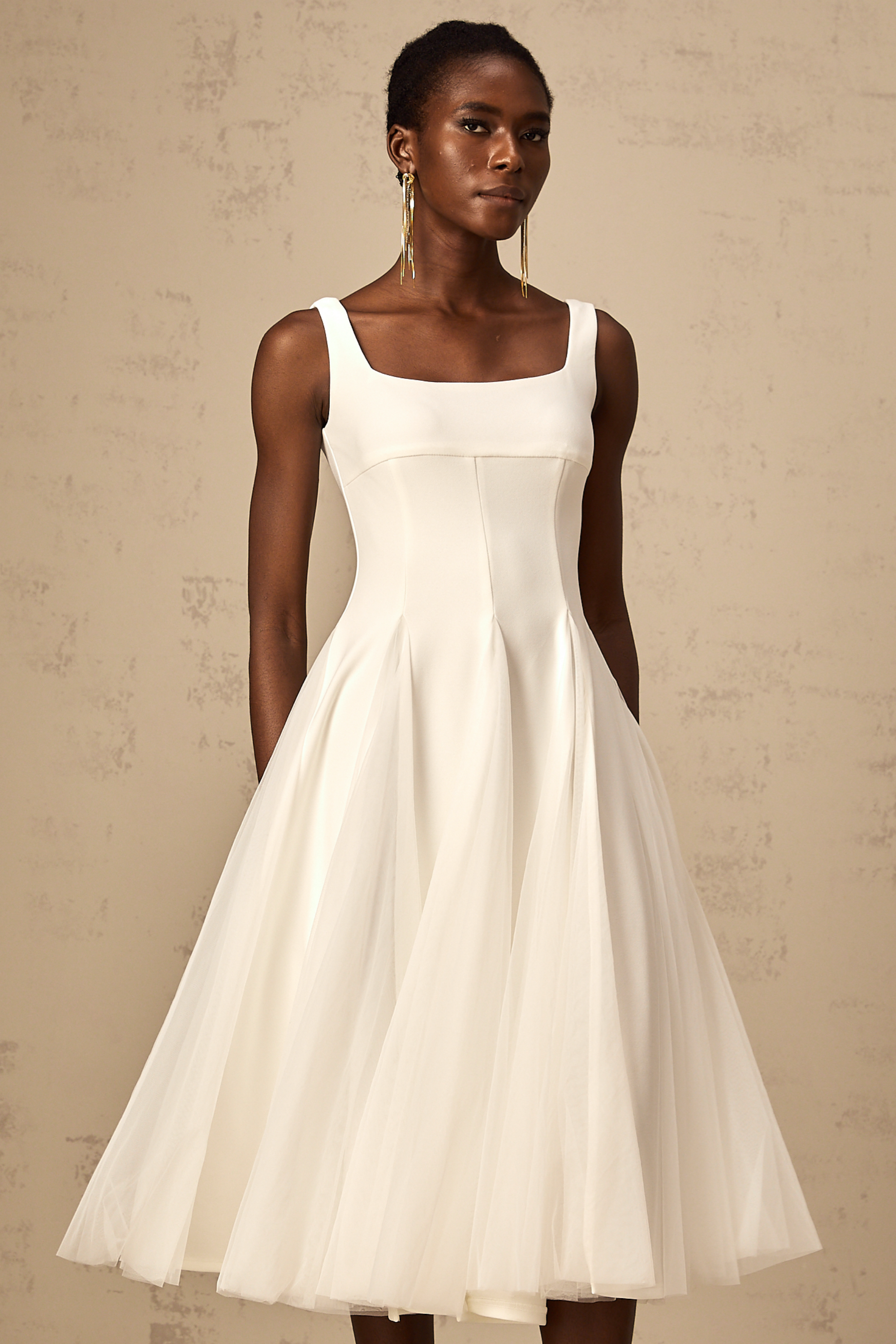 Danielle white tulle godet midi dress (US Only)