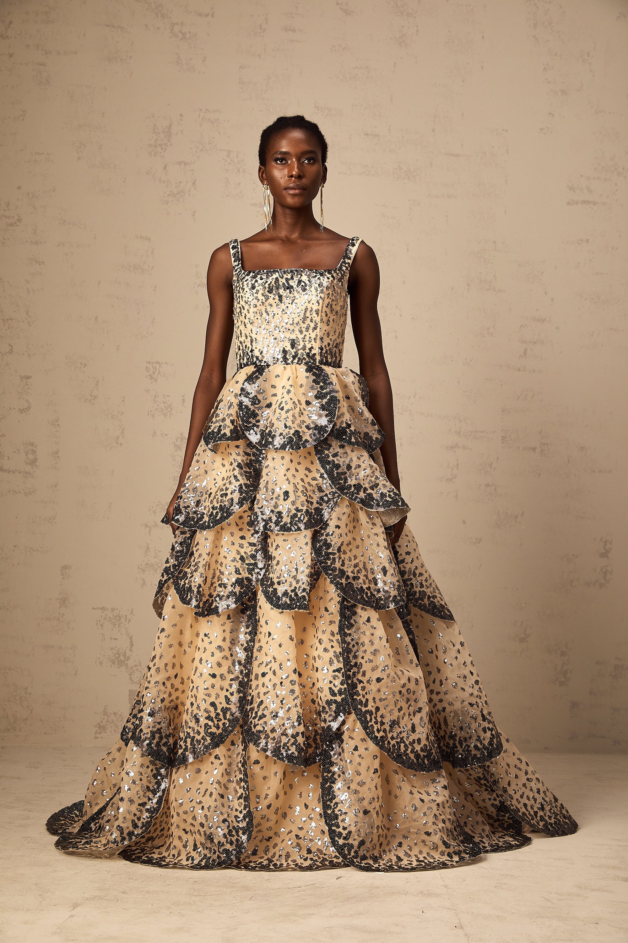 Flavie sequined petal tiered maxi dress