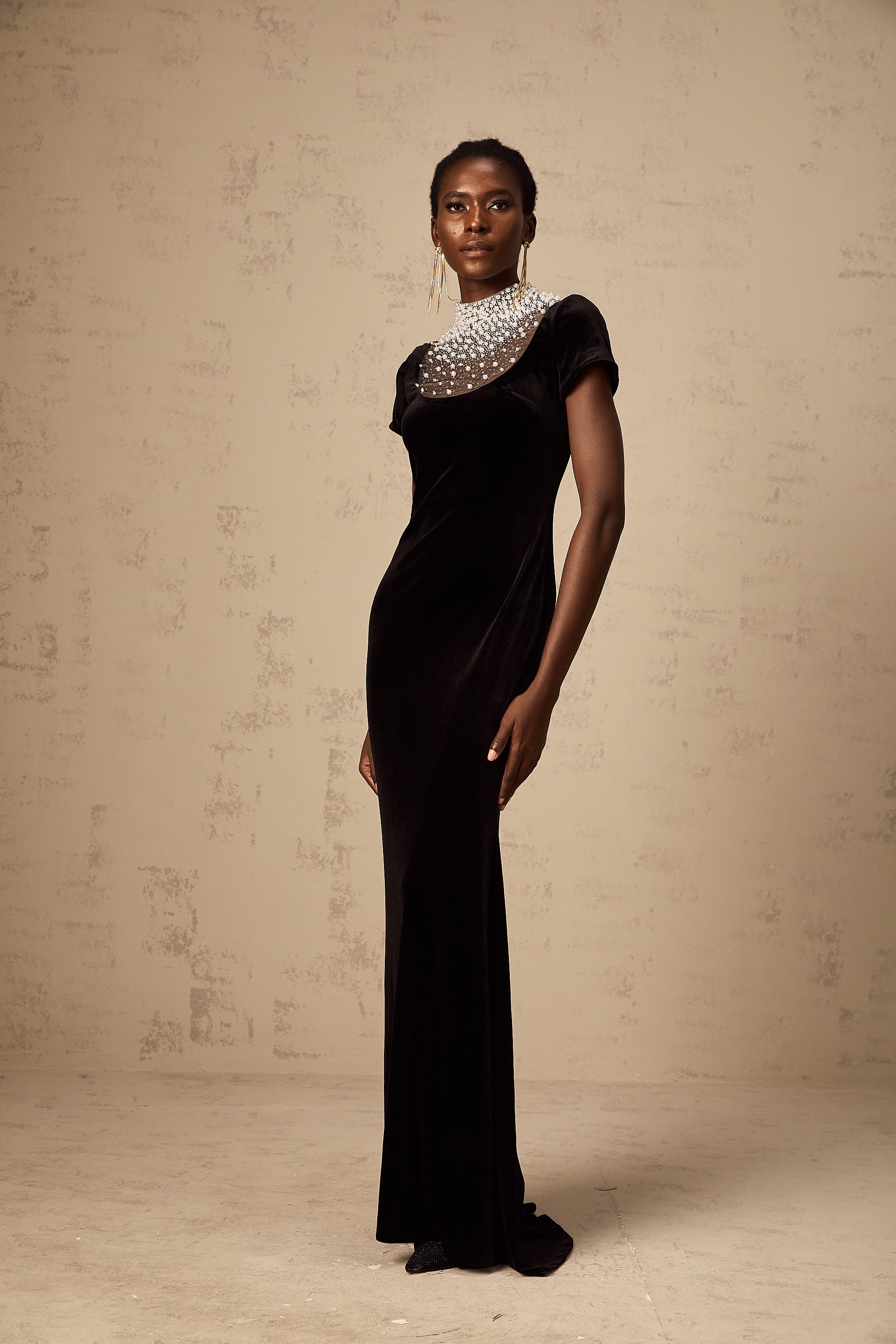 Kristin black faux-pearl embellished velvet maxi dress (US Only)