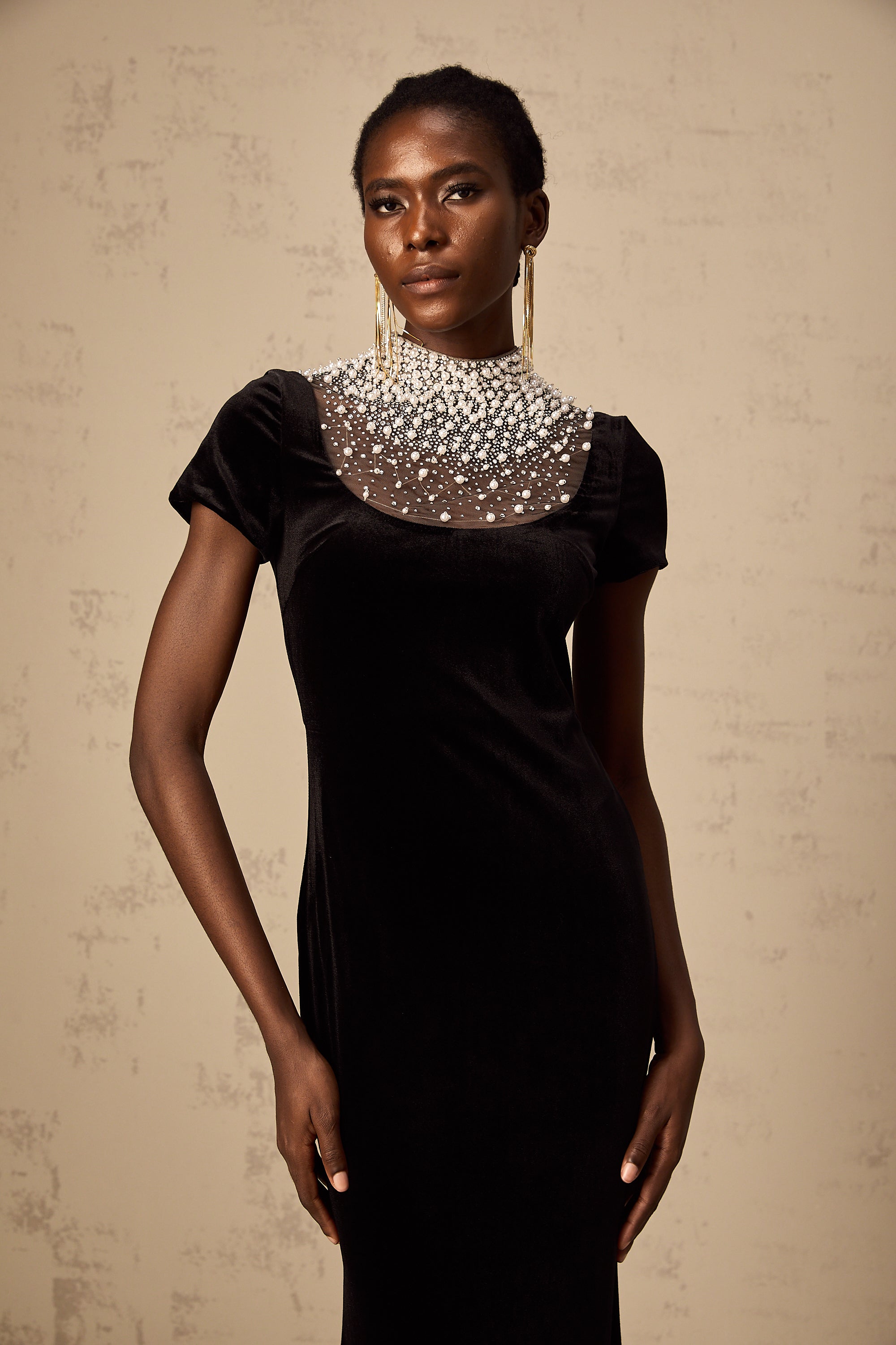 Kristin black faux-pearl embellished velvet maxi dress (US Only)