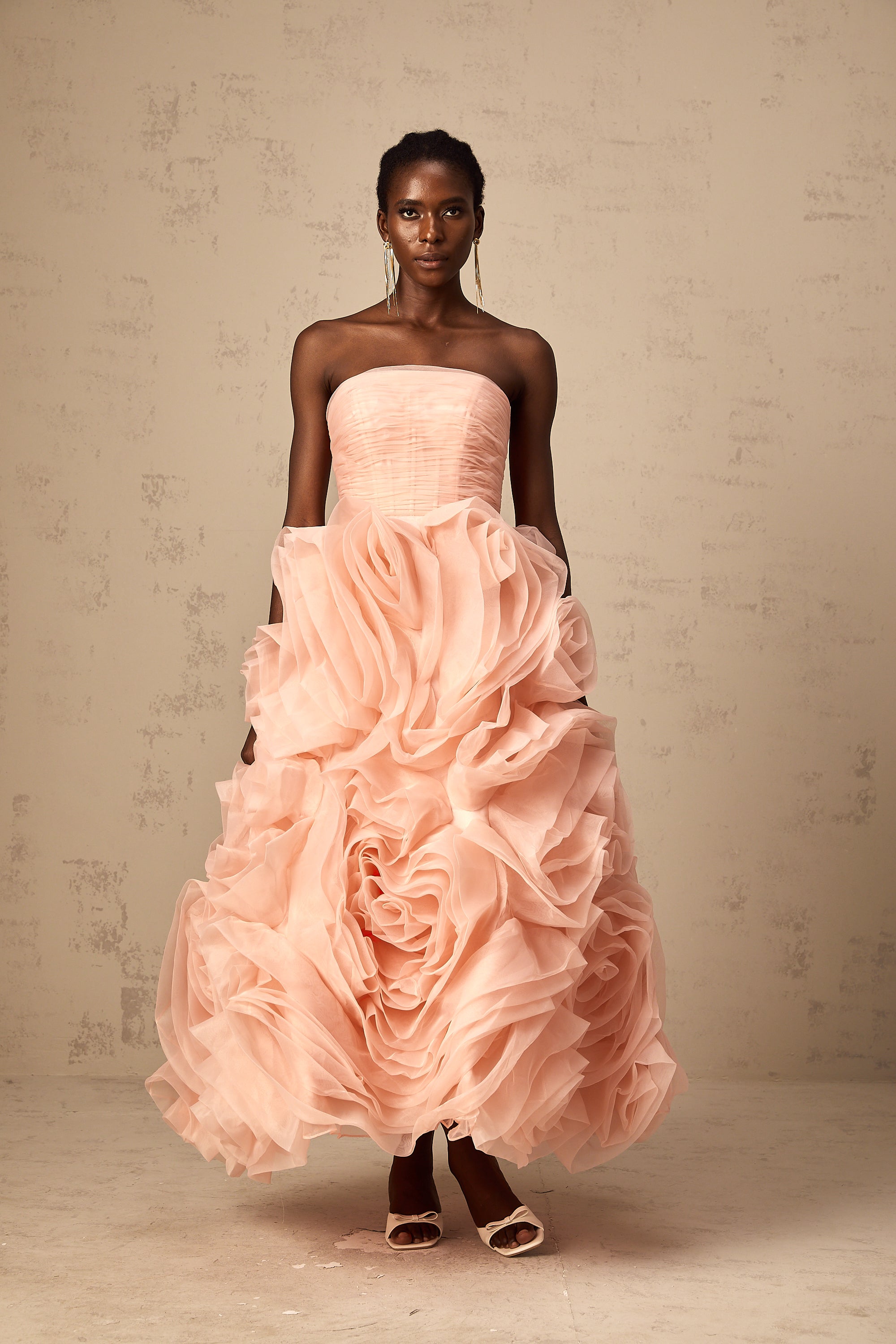 Leane Pink Off-Shoulder Tulle Midi Dress with 3D Petal Detail (Final Sale-US Only)