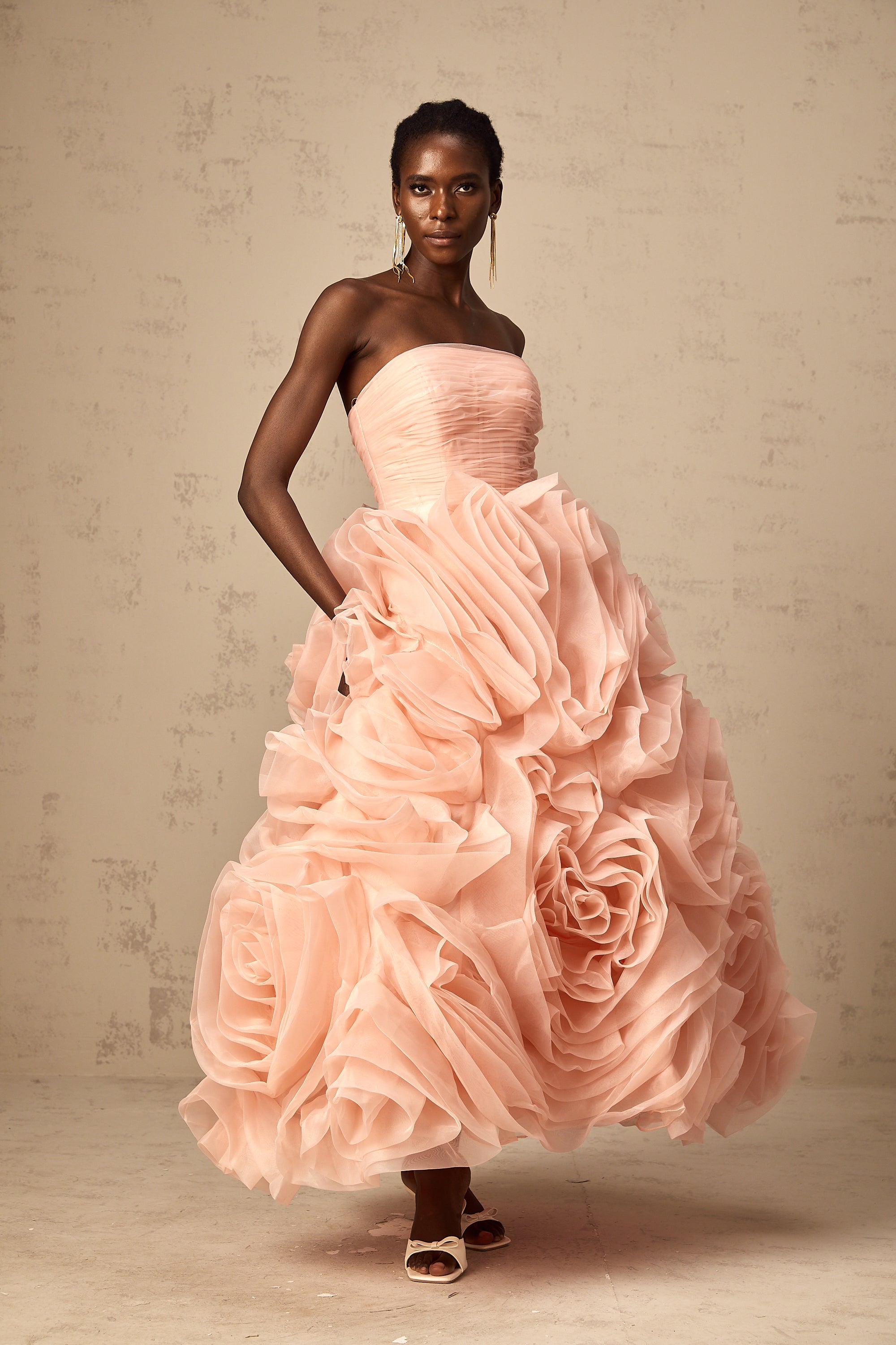 Leane Pink Off-Shoulder Tulle Midi Dress with 3D Petal Detail (Final Sale-US Only)