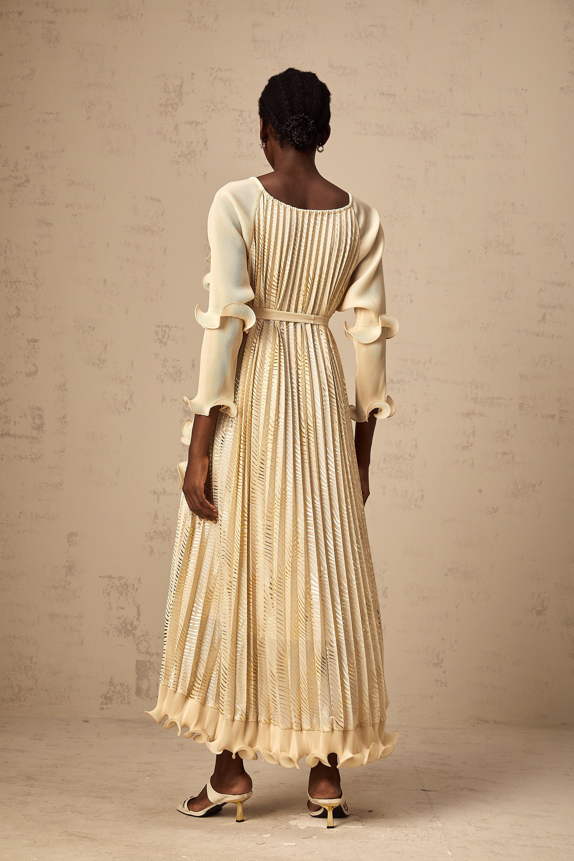 Ellie neutrals gilded ruffled midi dress (US Only)
