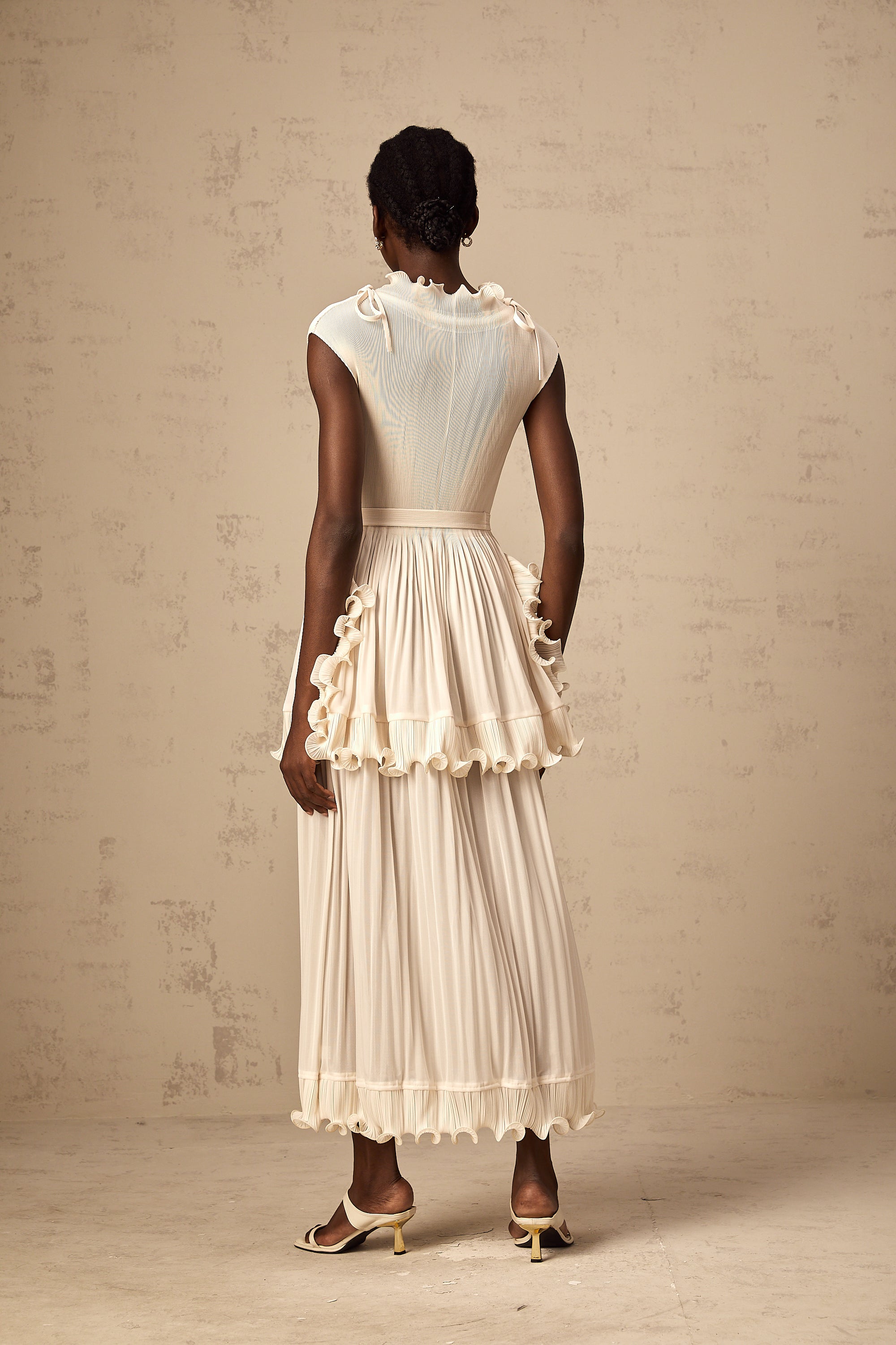 Diana white ruffle pleated sleeveless maxi dress