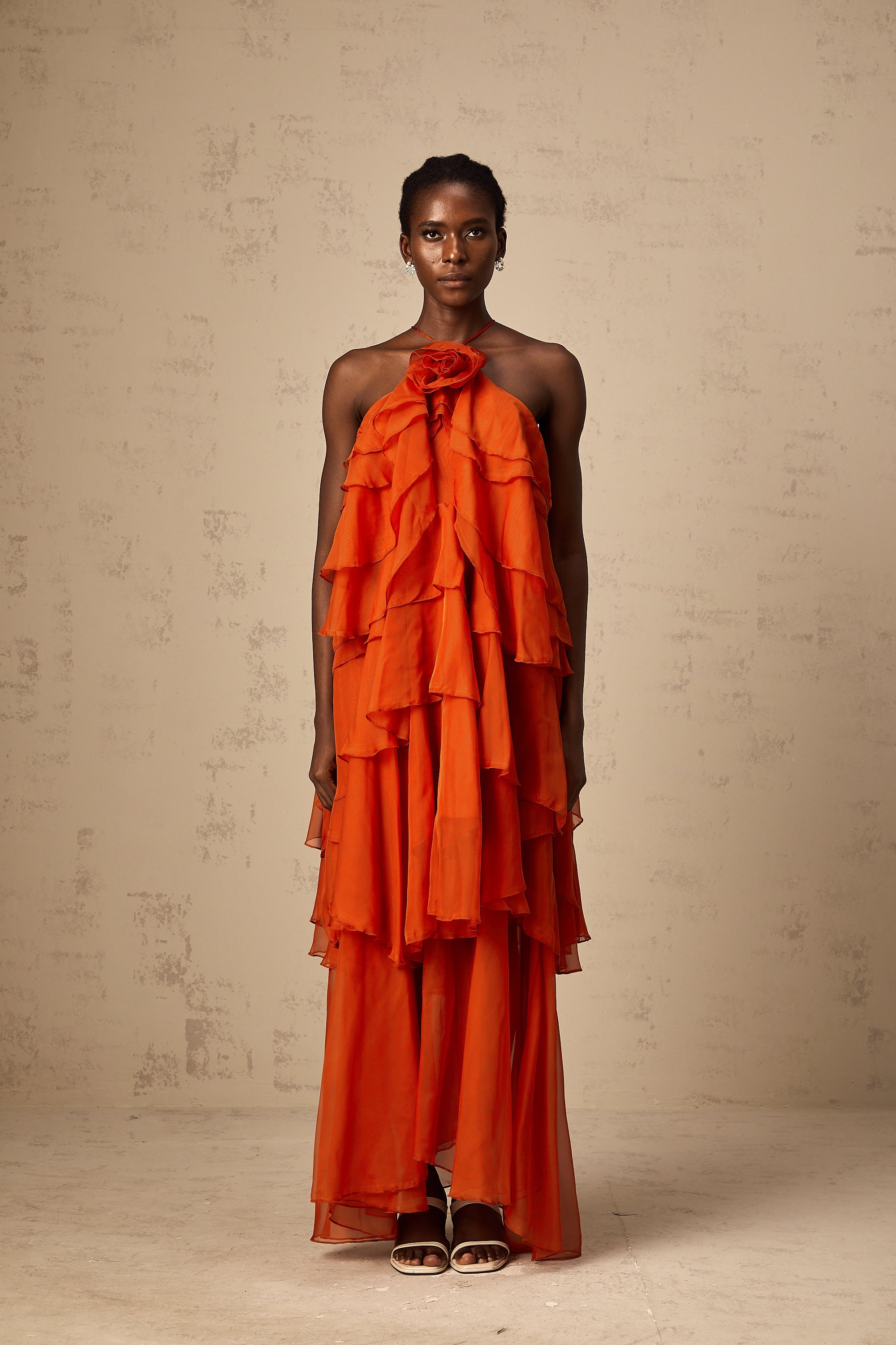 Carrie orange halterneck flounced maxi dress (Final Sale-US Only)