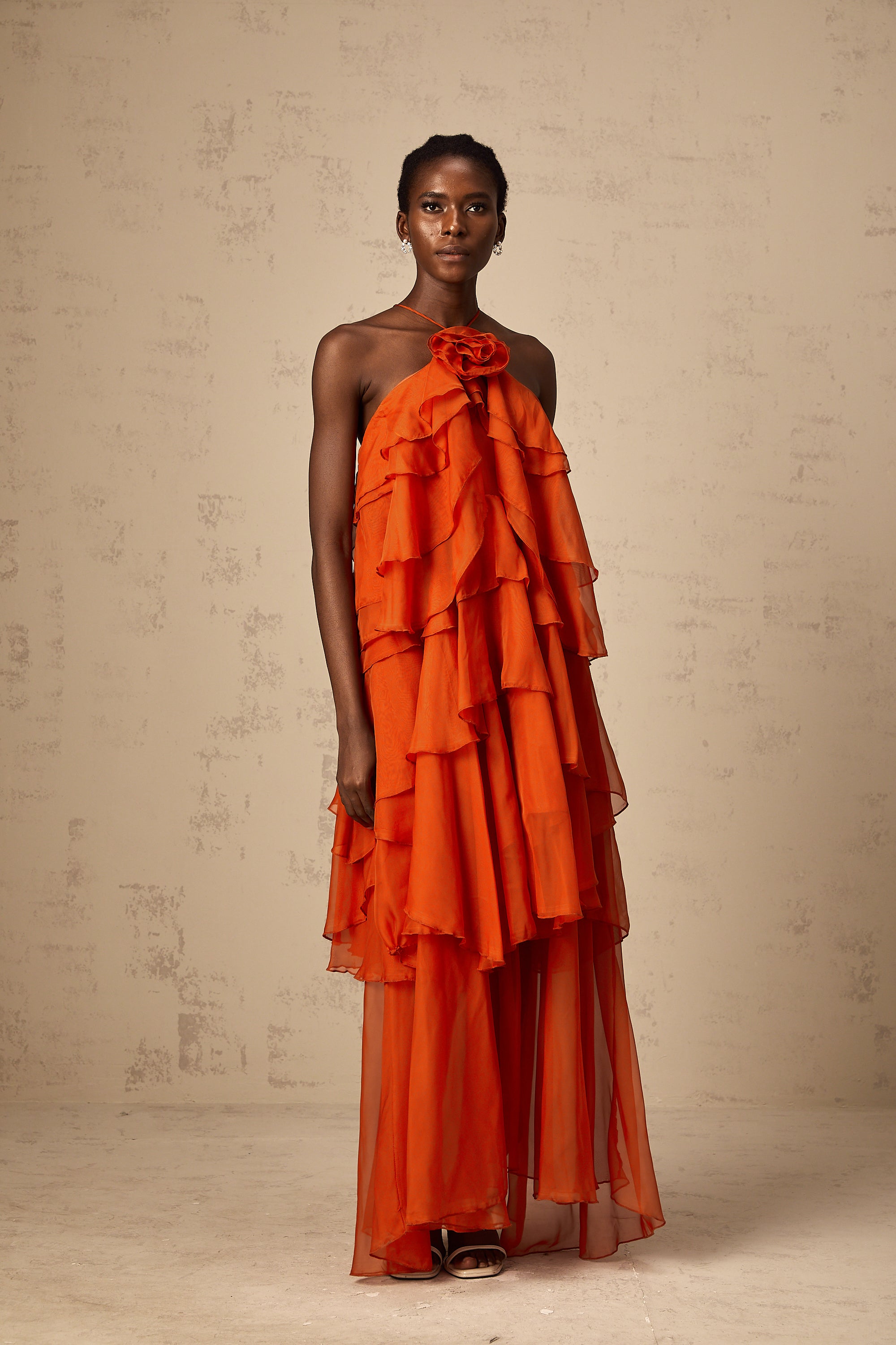 Carrie orange halterneck flounced maxi dress (Final Sale-US Only)