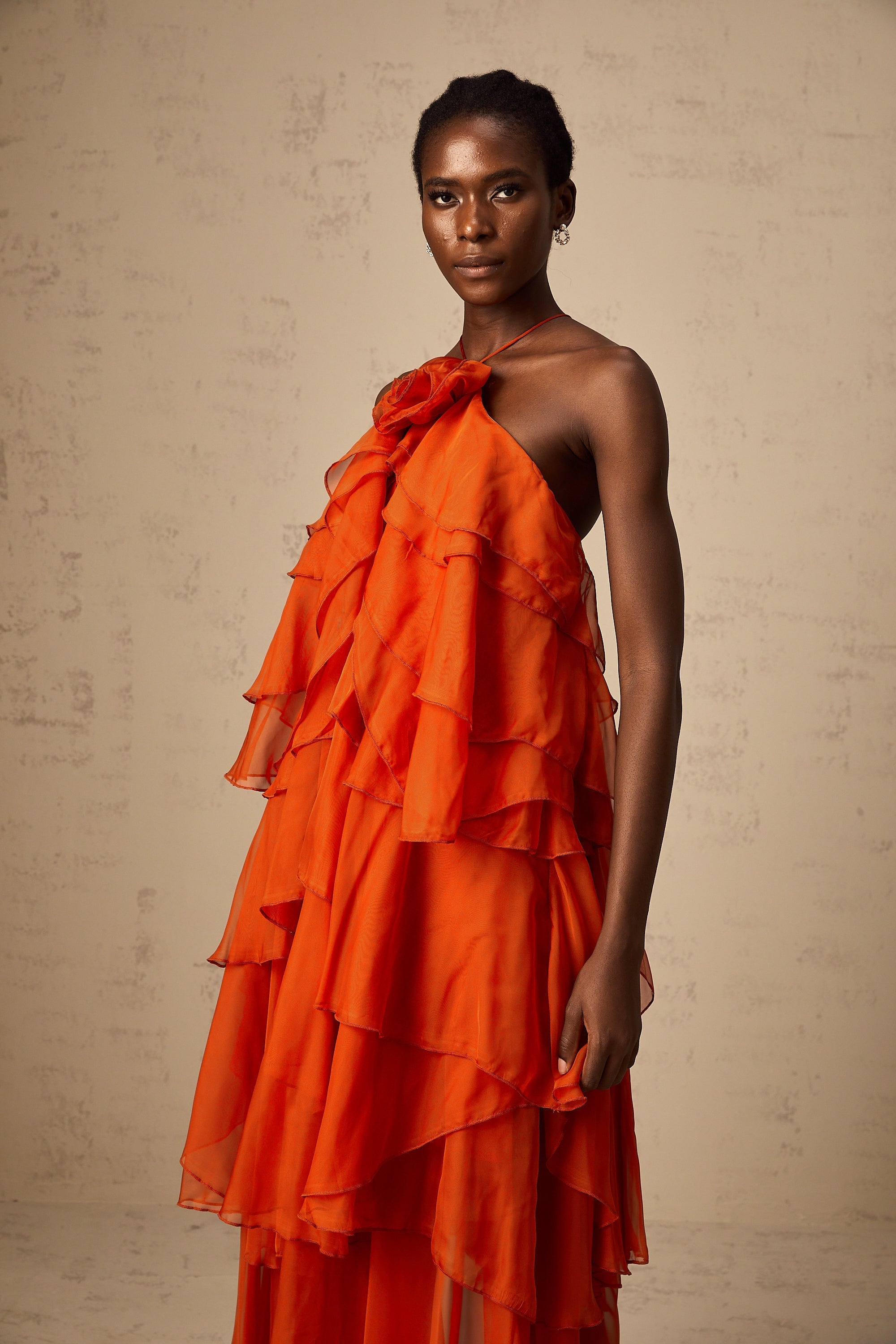 Carrie orange halterneck flounced maxi dress (Final Sale-US Only)