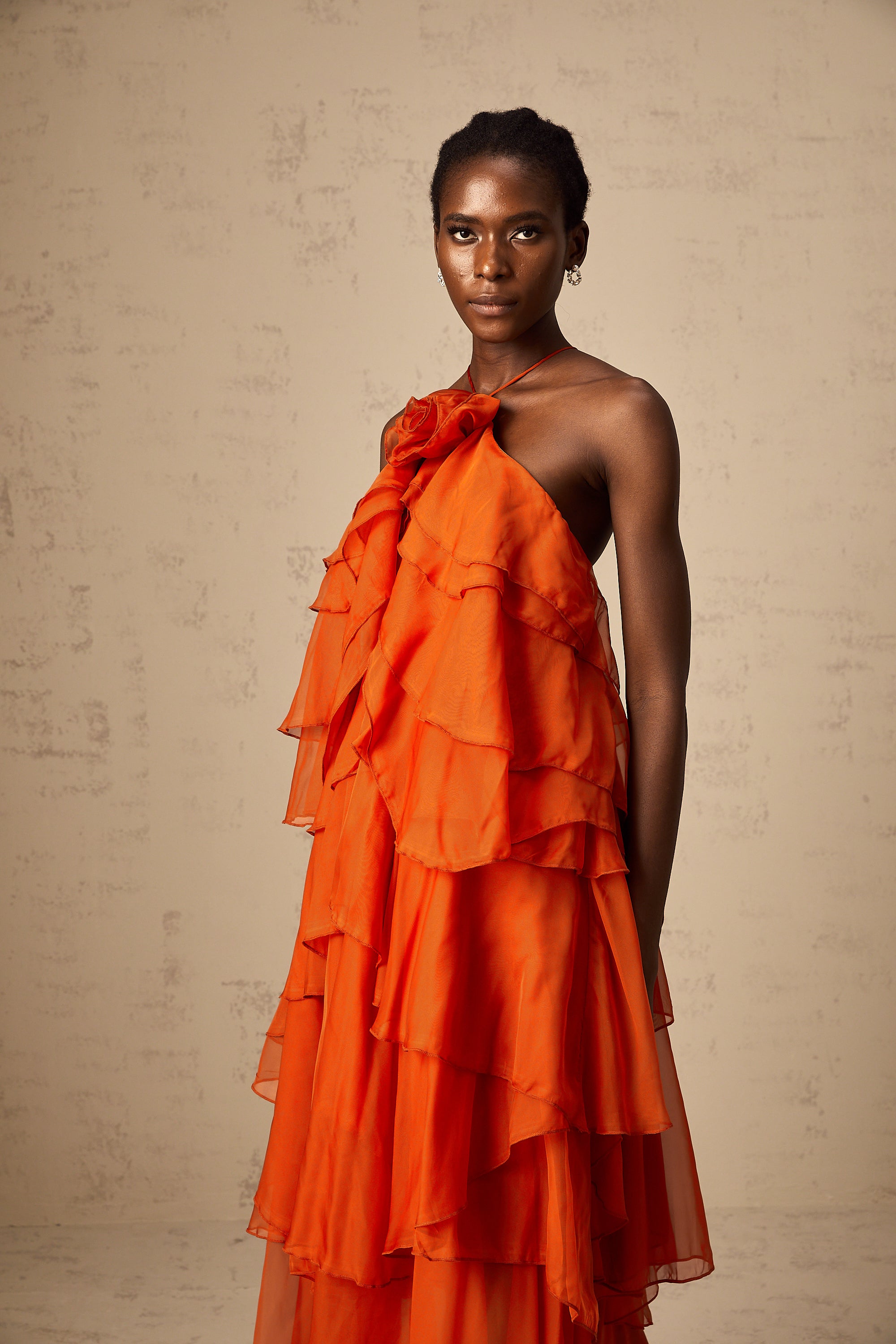Carrie orange halterneck flounced maxi dress (Final Sale-US Only)