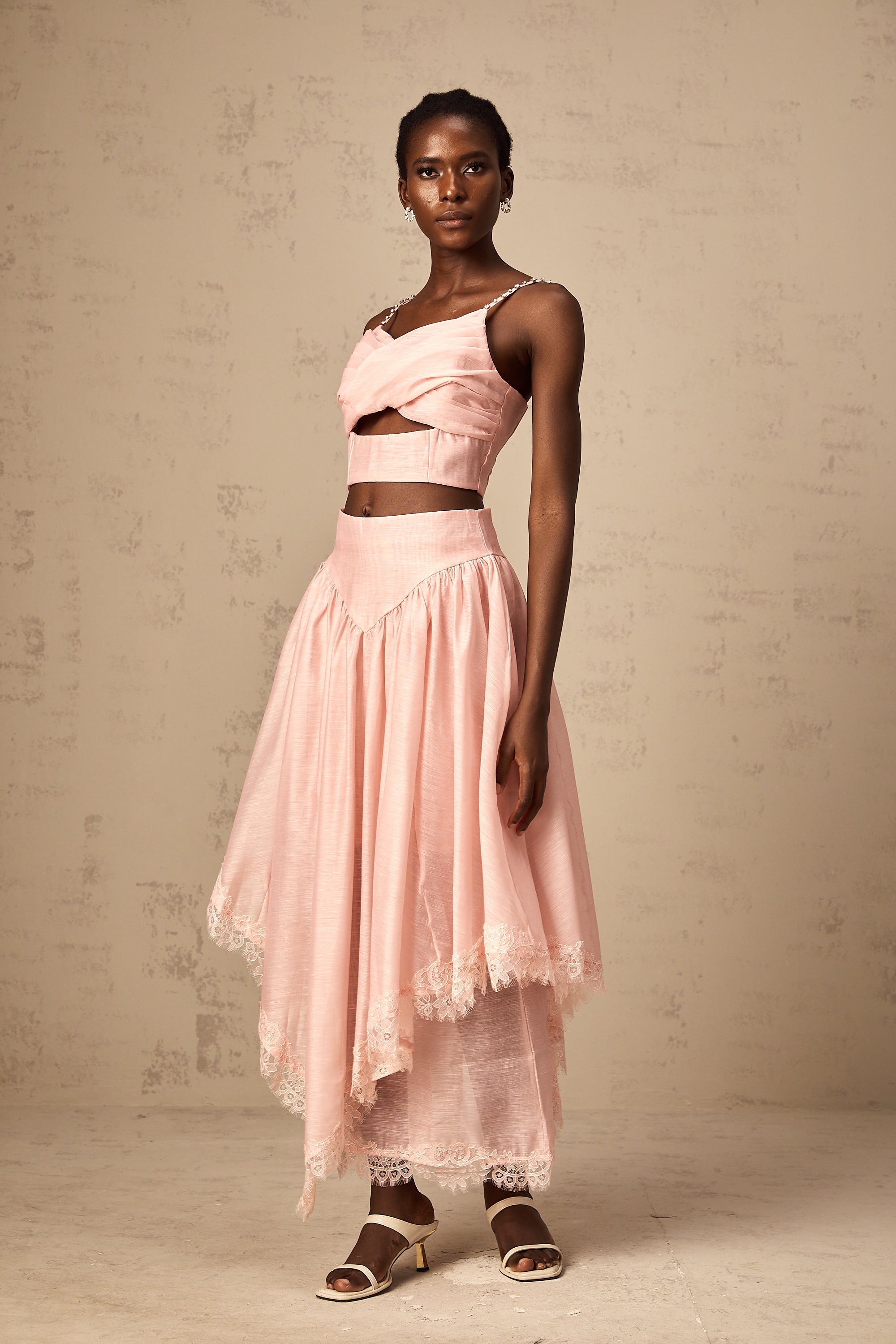 Tamara pink asymmetrical ruffled top & skirt matching set (US Only)