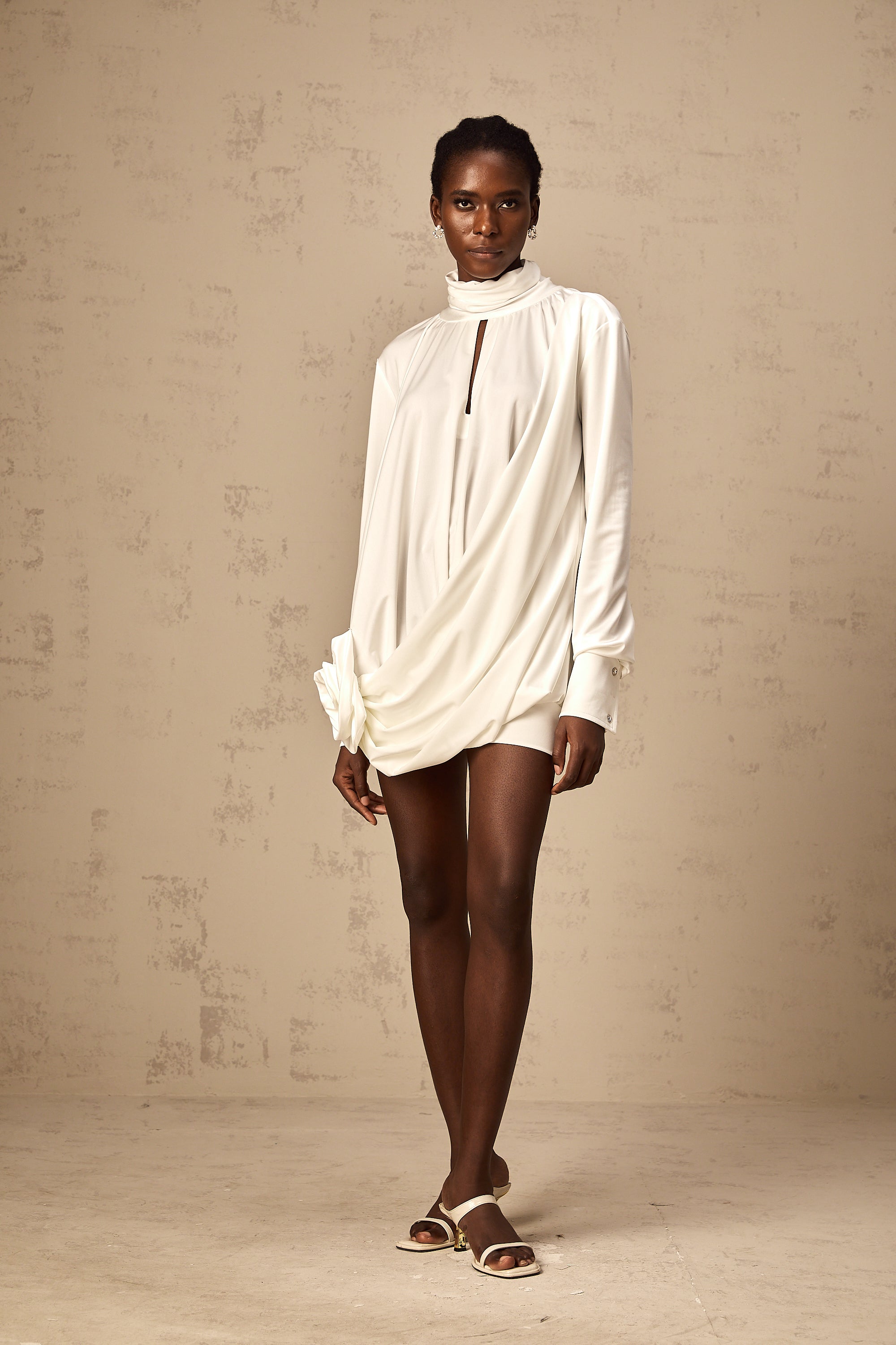 Maeva faux-flower ruched mini dress in White (Final Sale-US Only)