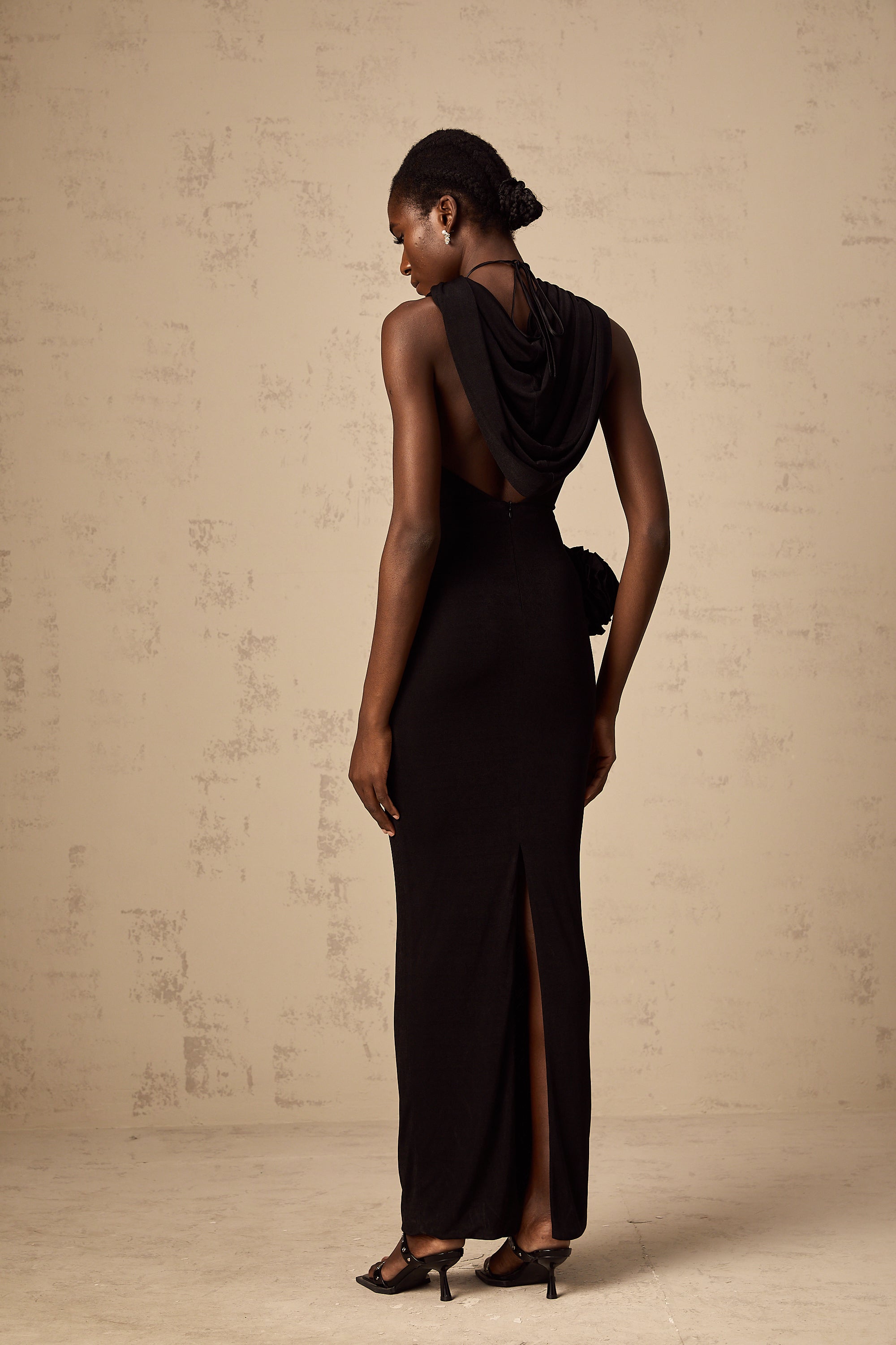 Axelle black floral-appliqué hooded maxi dress