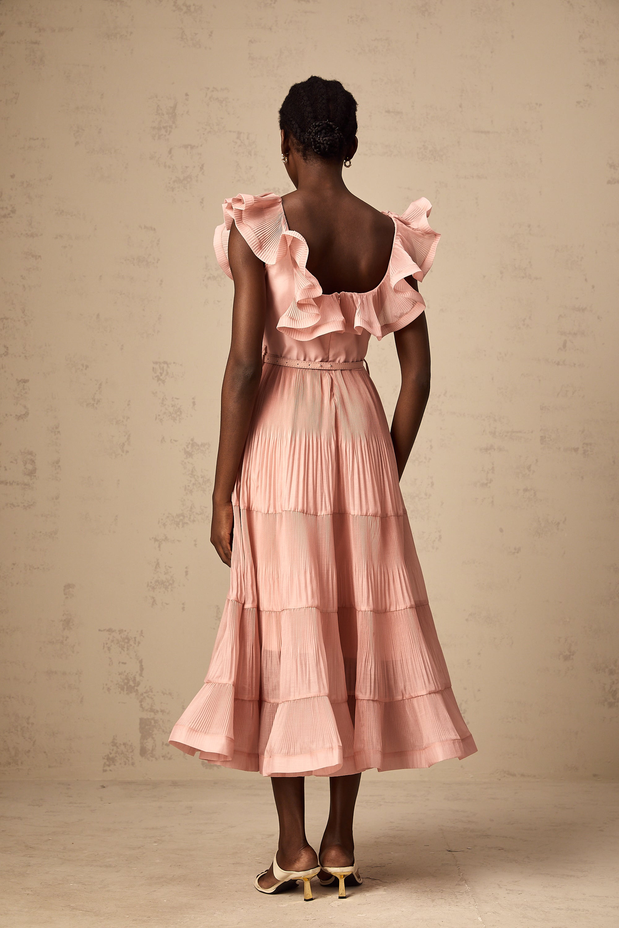 Valentina coral-pink pleated frilled midi dress (Final Sale-US Only)