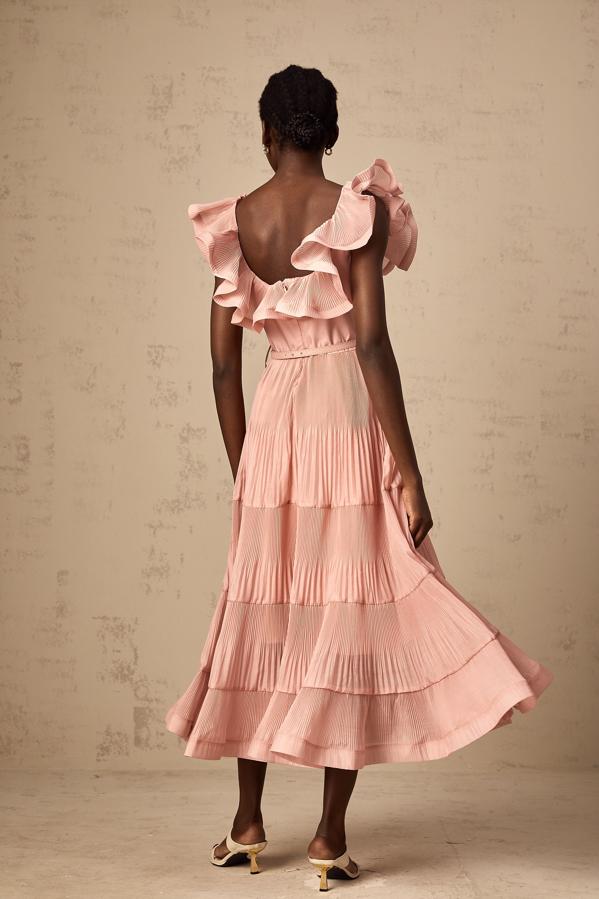 Valentina coral-pink pleated frilled midi dress (Final Sale-US Only)