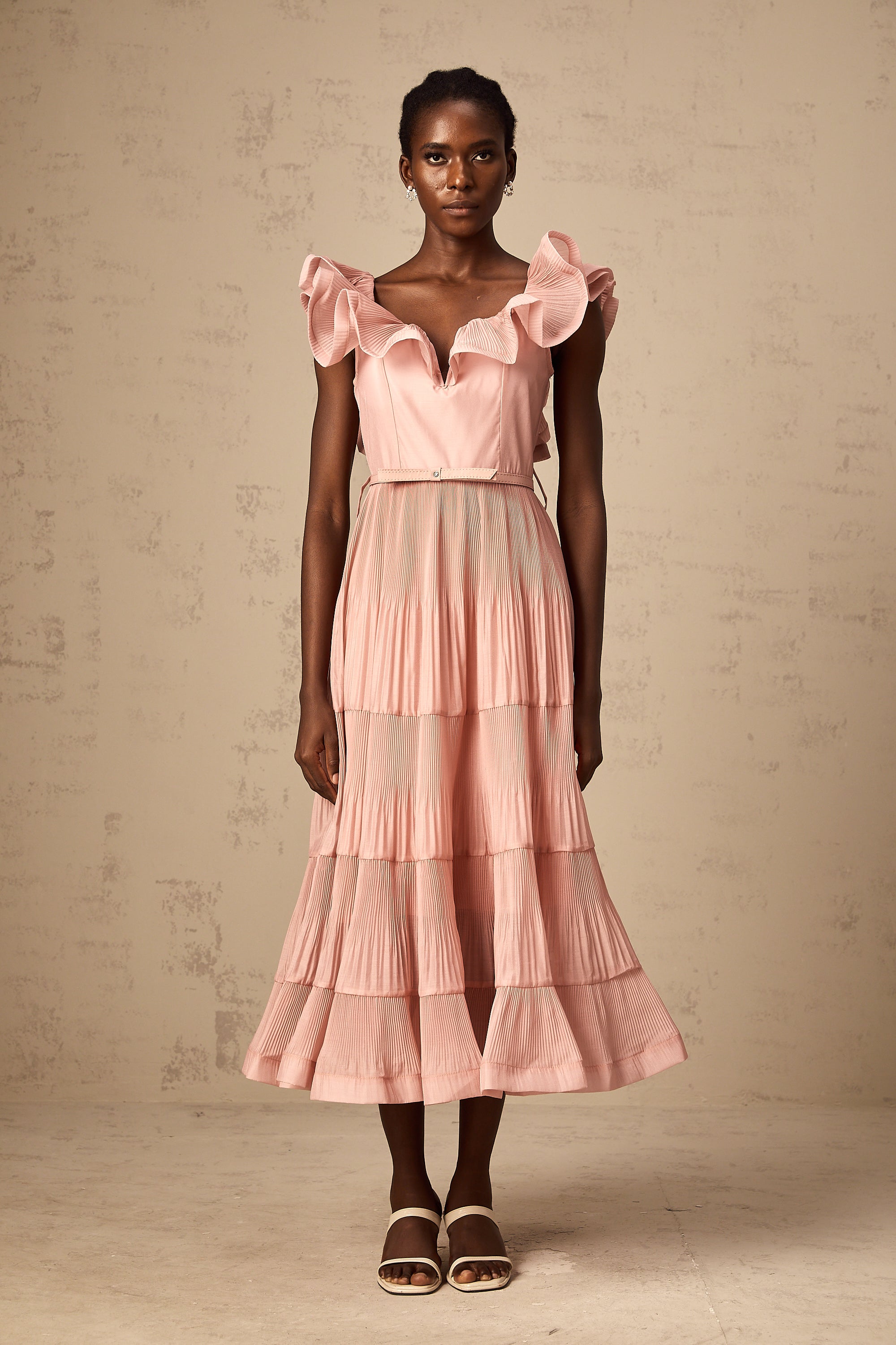 Valentina coral-pink pleated frilled midi dress (Final Sale-US Only)