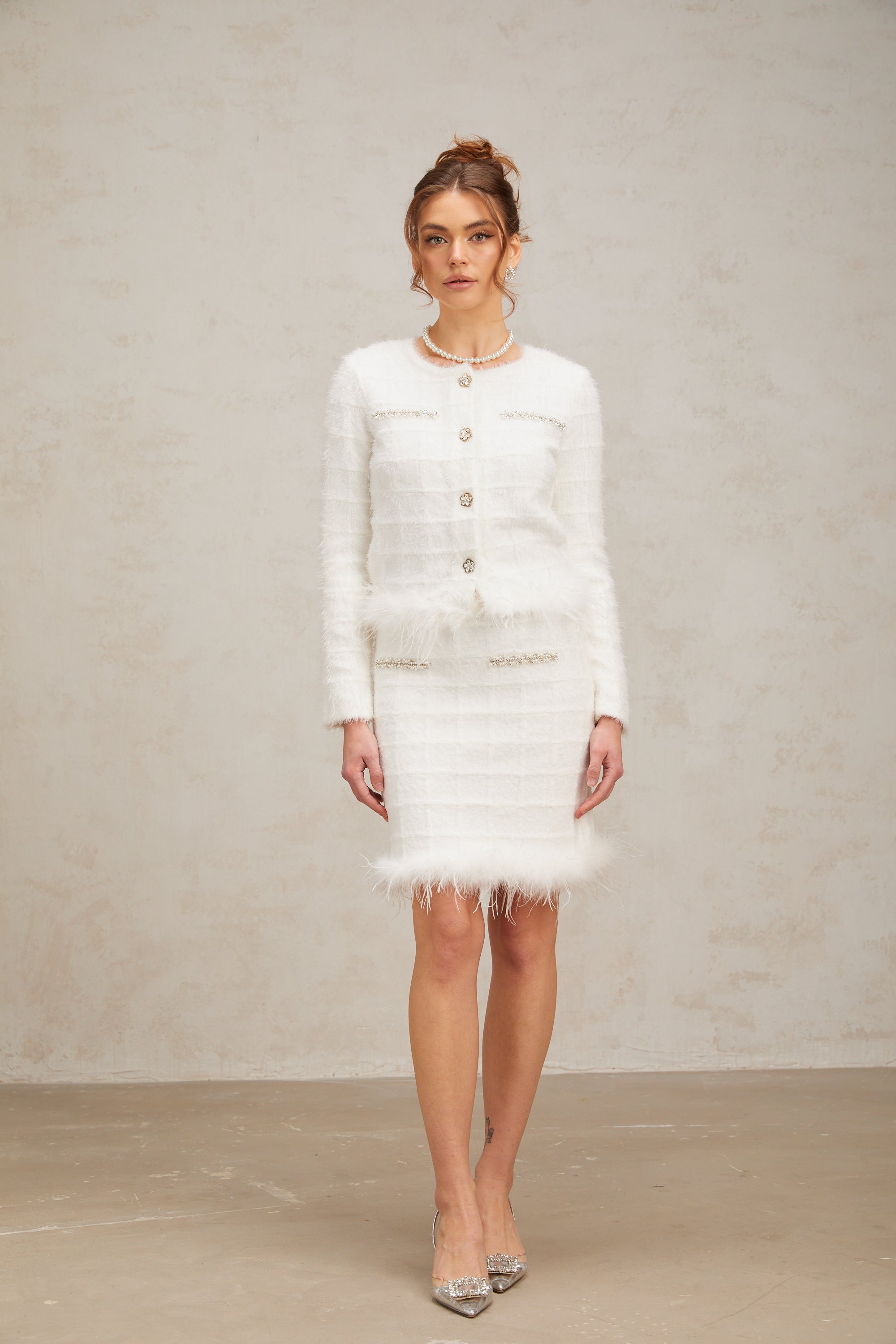 Cora white feather waffle knit cardigan & skirt matching set (US Only)