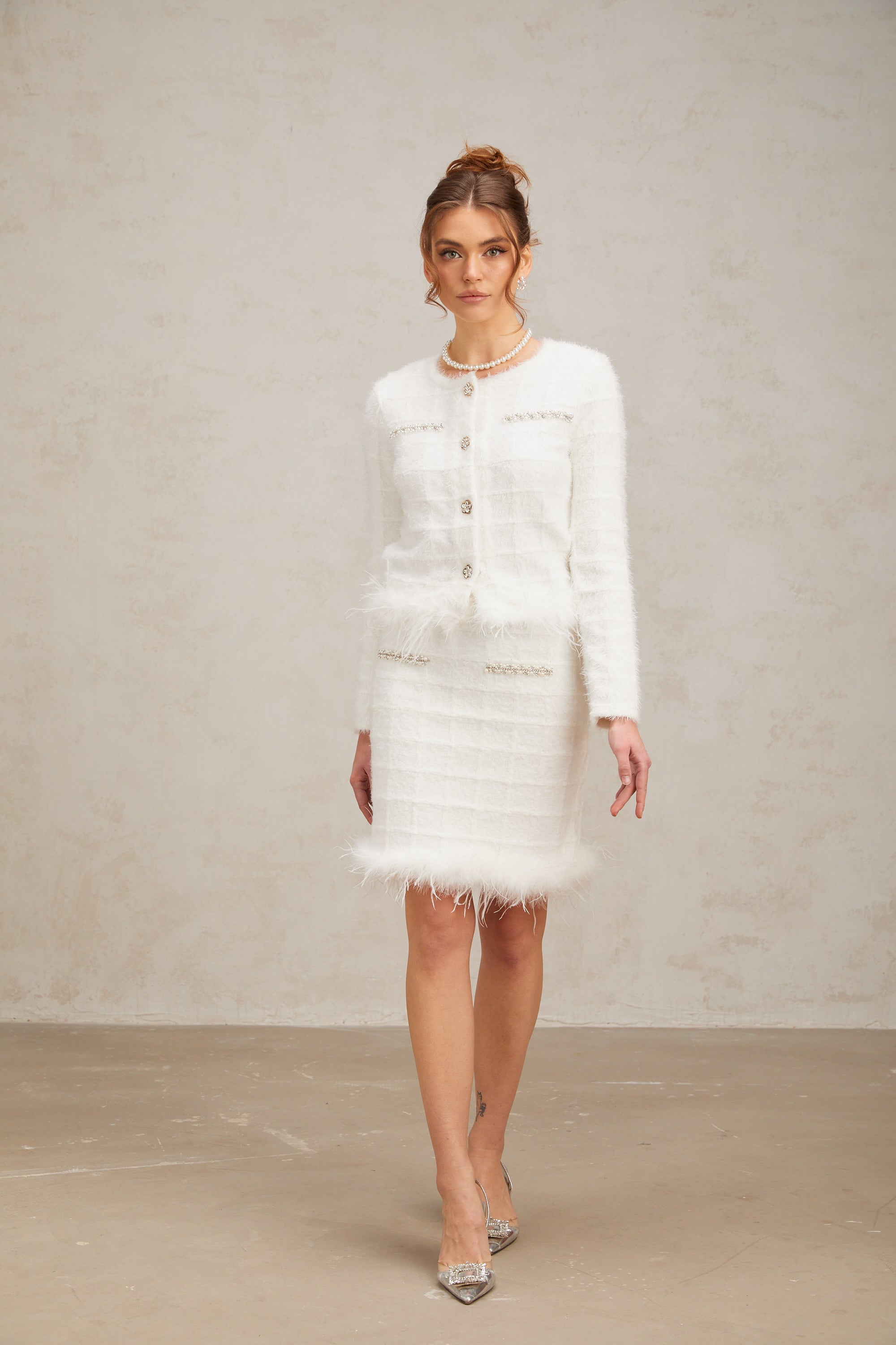 Cora white feather waffle knit cardigan & skirt matching set (US Only)