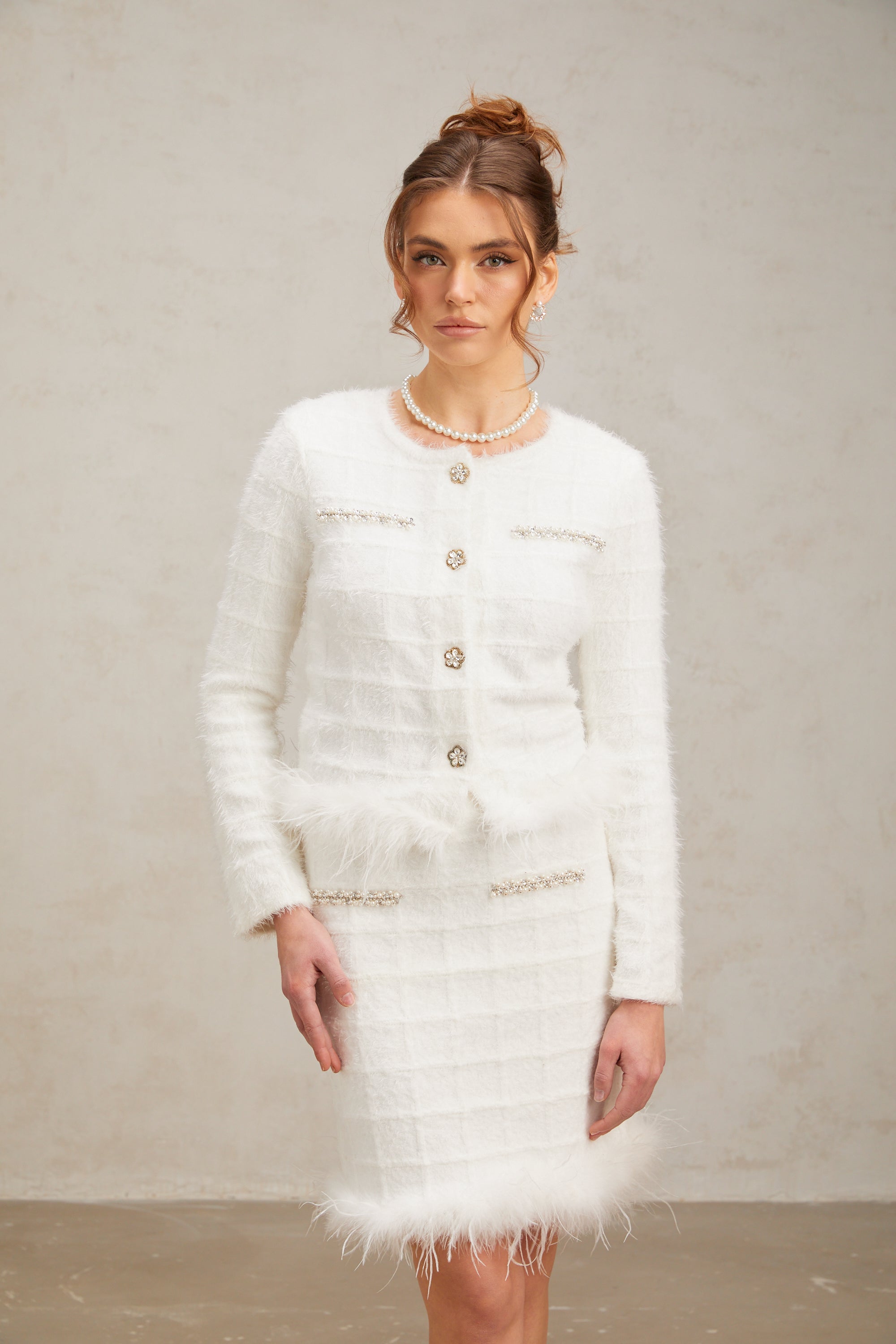 Cora white feather waffle knit cardigan & skirt matching set (US Only)