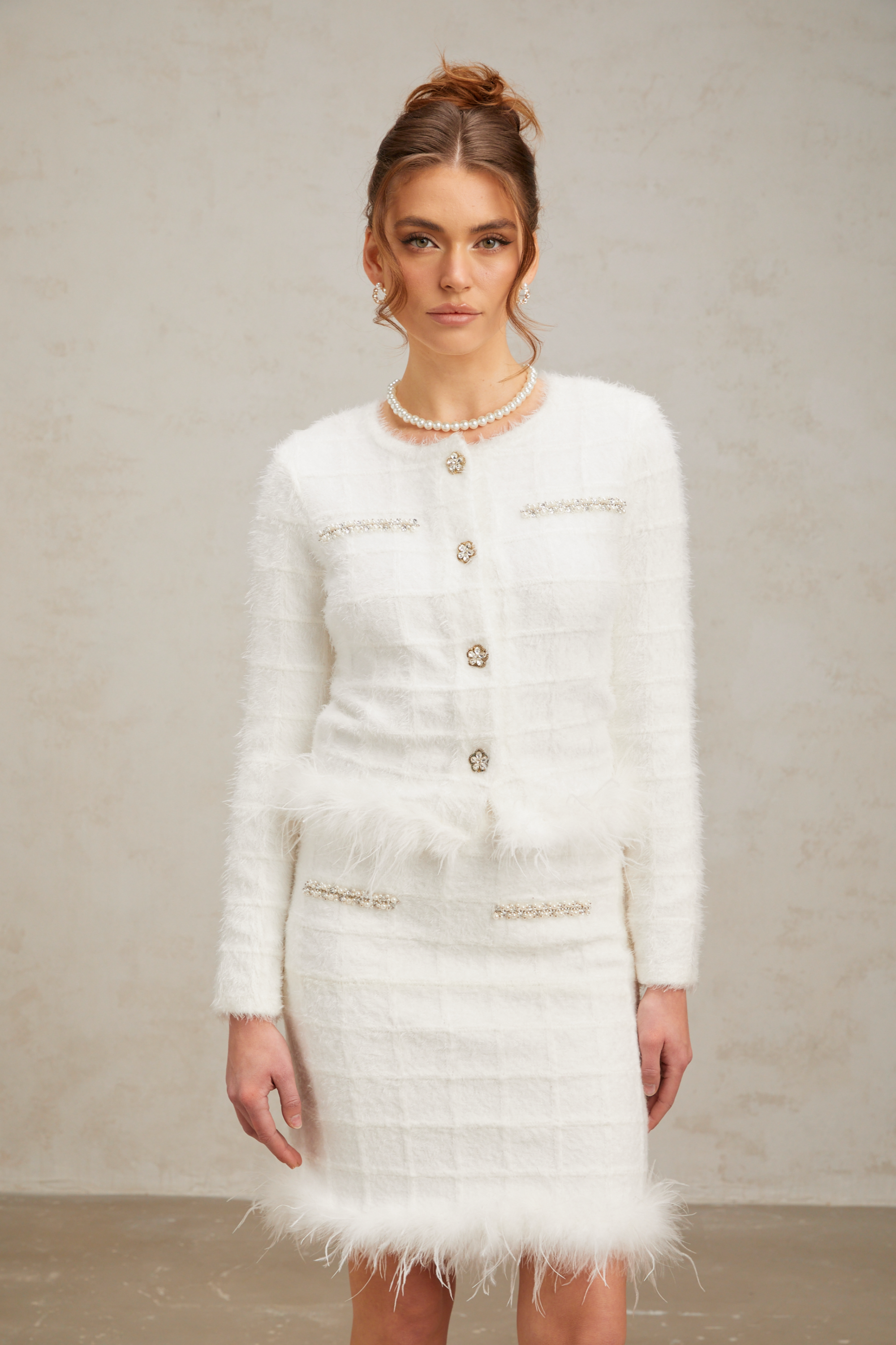Cora white feather waffle knit cardigan & skirt matching set (US Only)