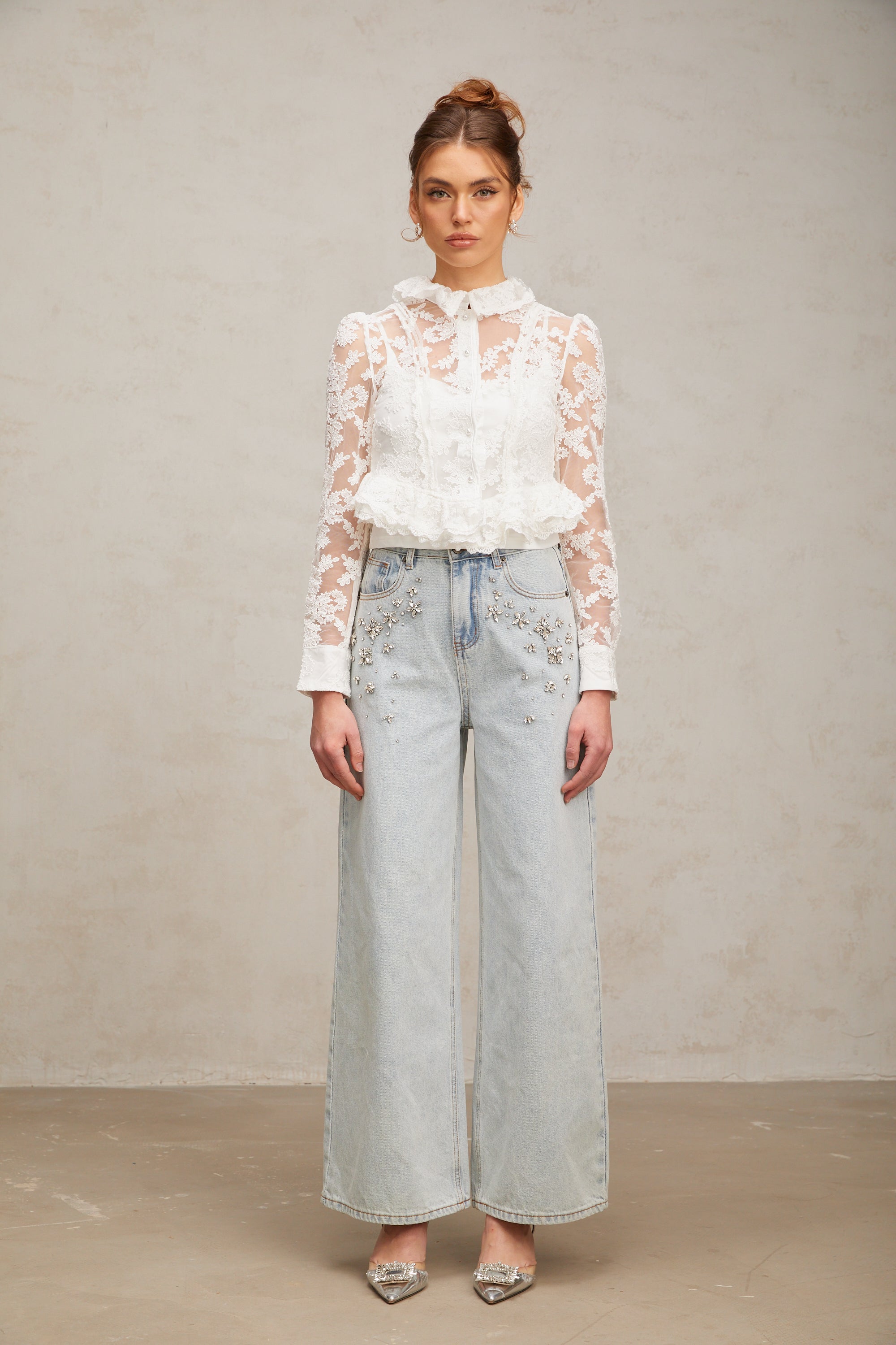 Karine white floral-embroidered lace blouse (US Only)