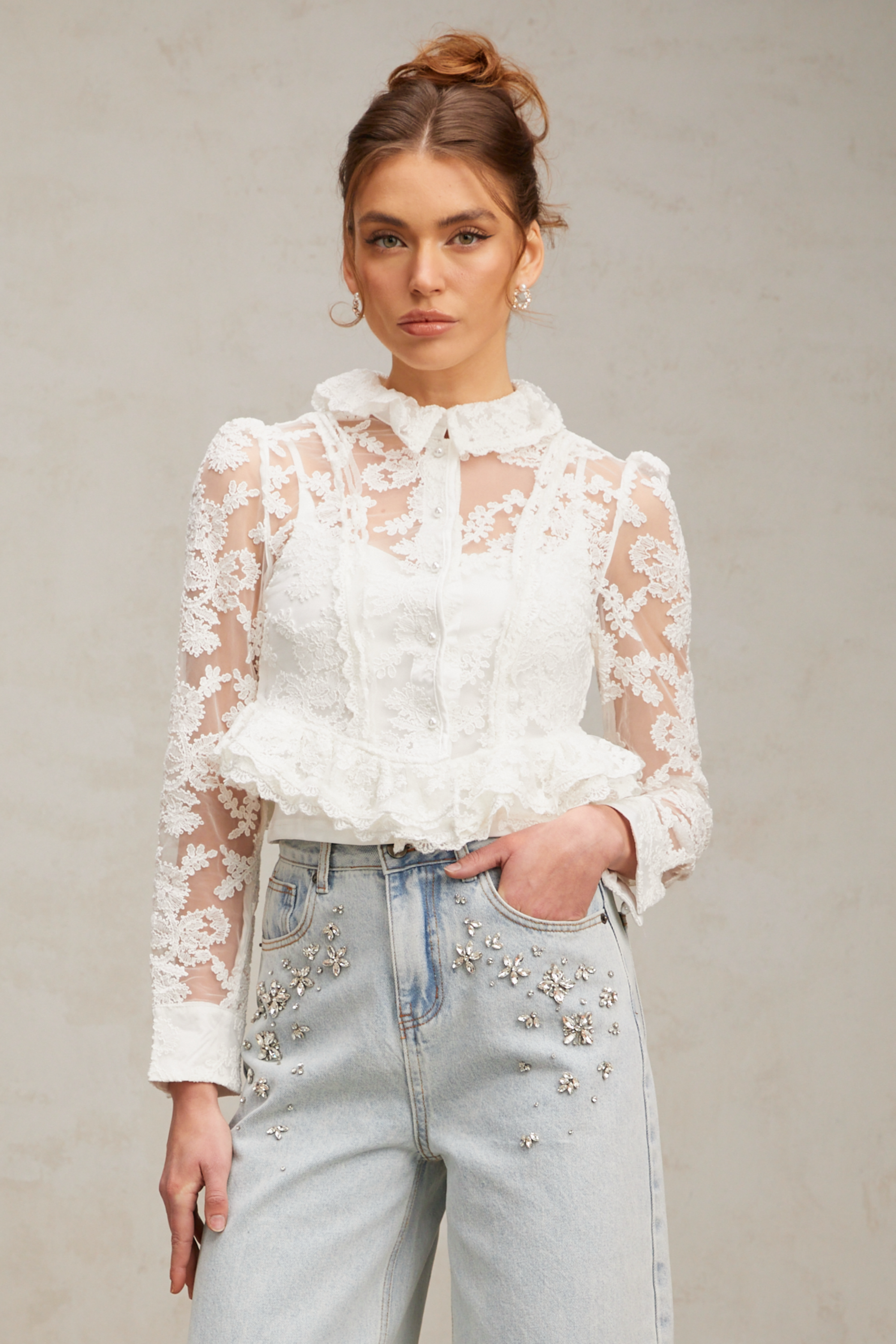 Karine white floral-embroidered lace blouse (US Only)