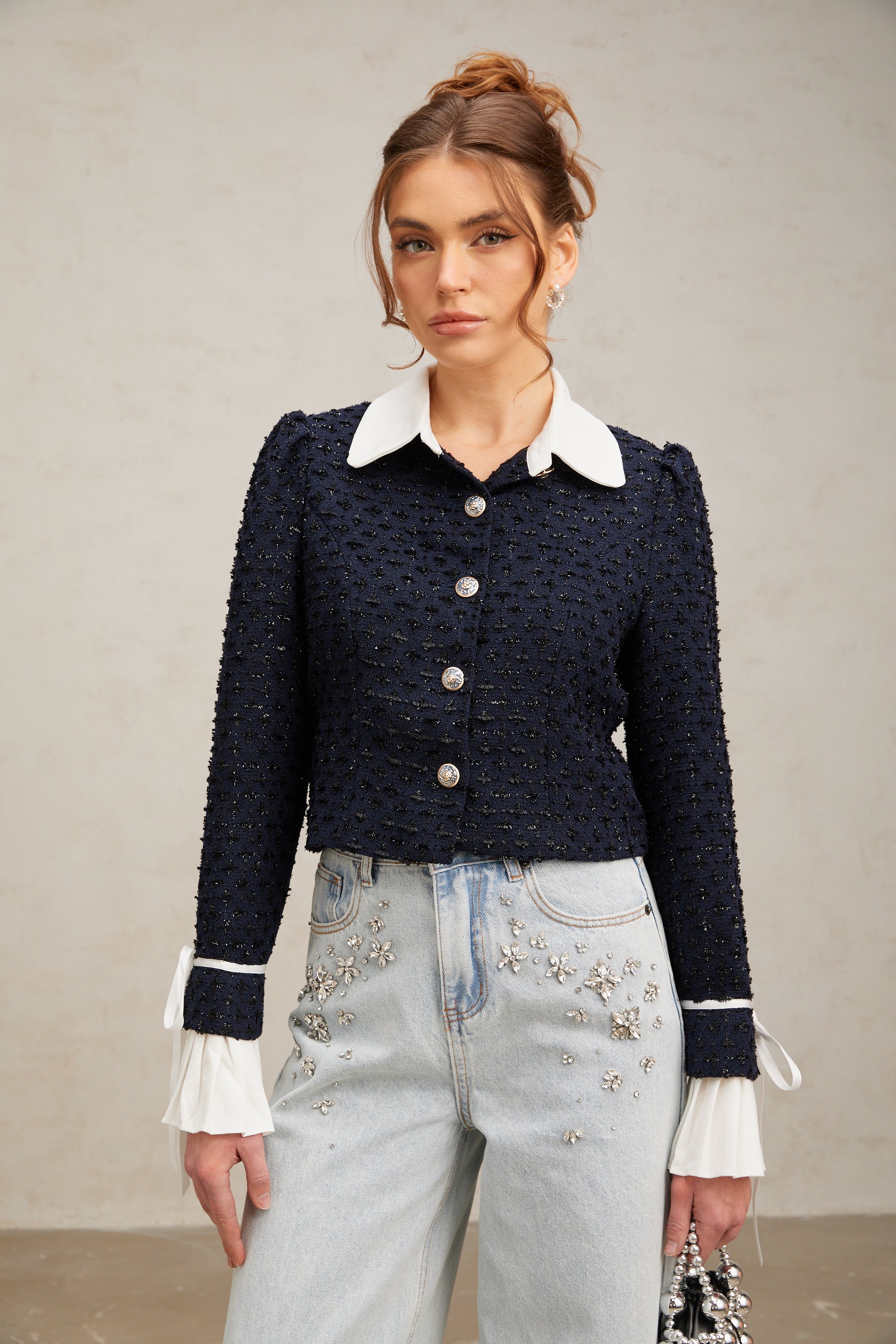 Doriane navy-blue panelled tweed jacket (Final Sale-US Only)