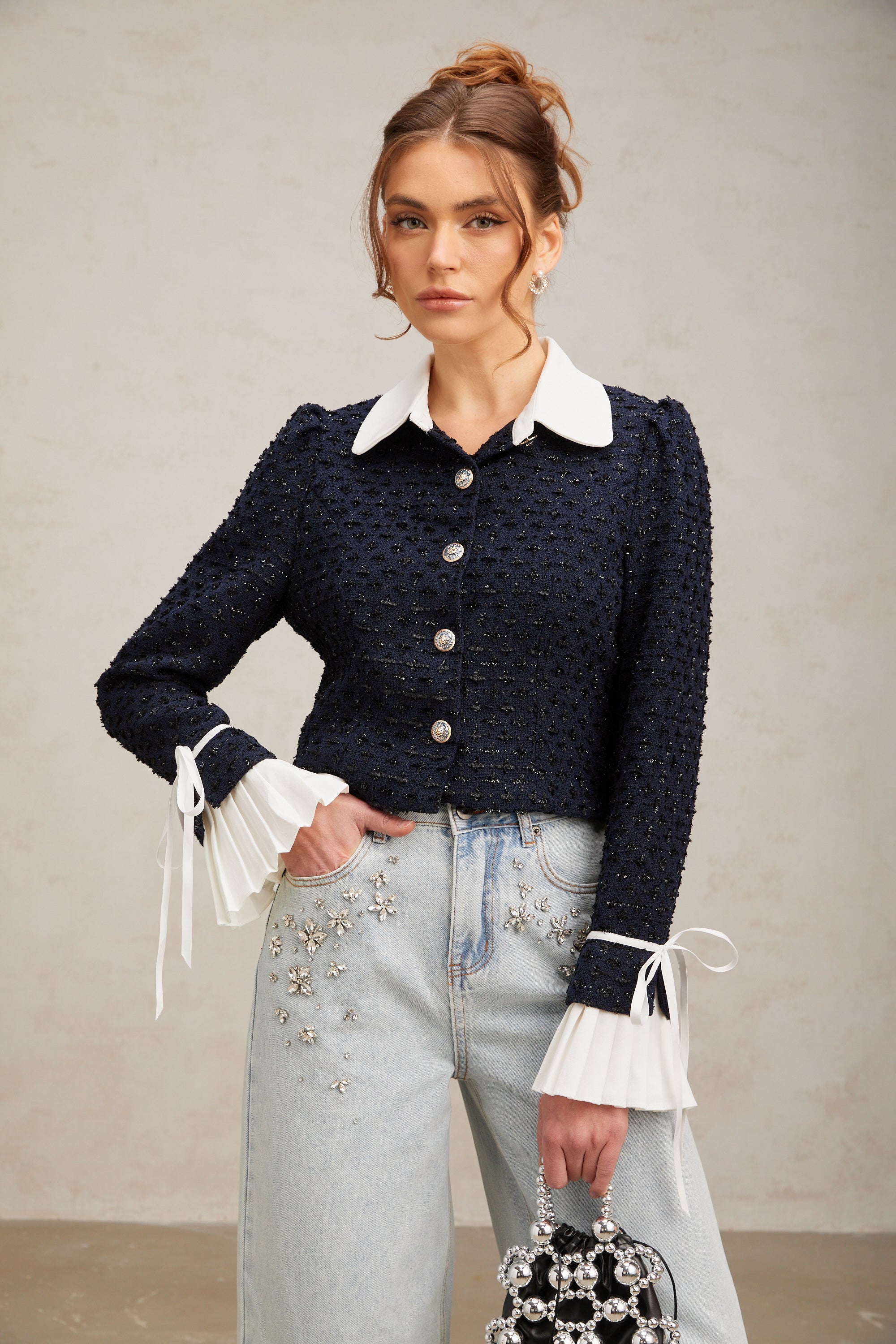 Doriane navy-blue panelled tweed jacket (Final Sale-US Only)
