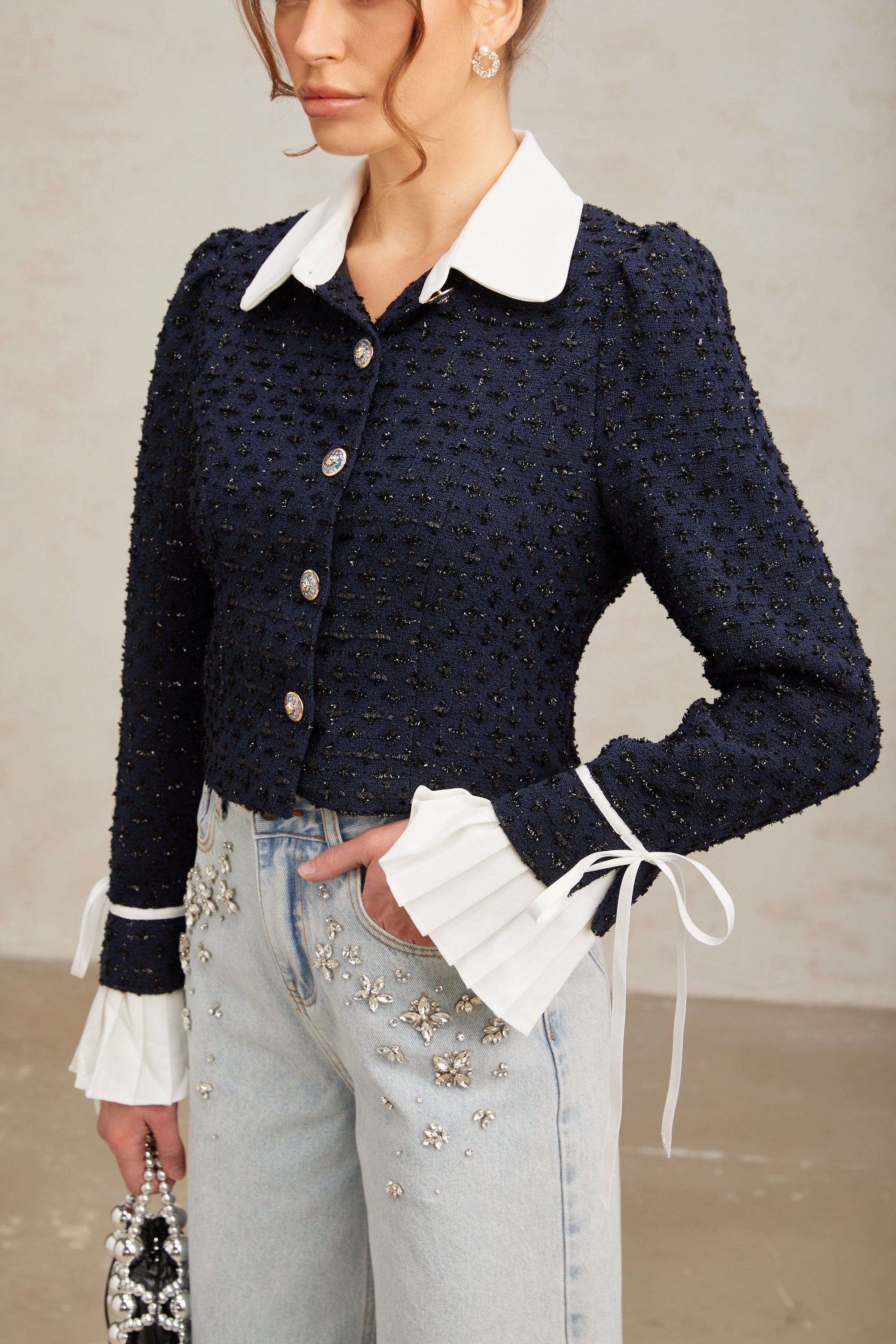 Doriane navy-blue panelled tweed jacket (Final Sale-US Only)