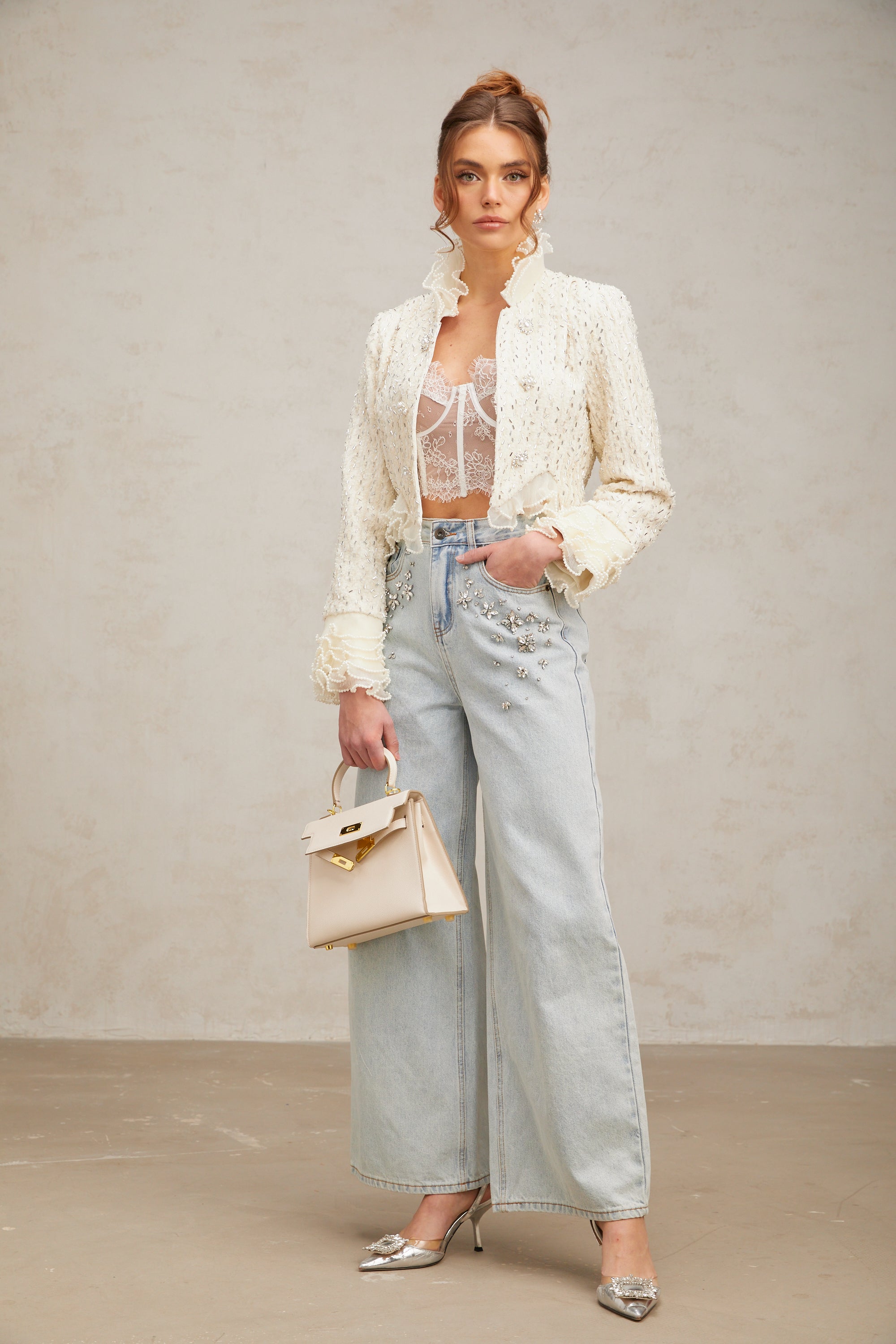 Blanche white beaded ruffle cropped jacket (Final Sale-US Only)