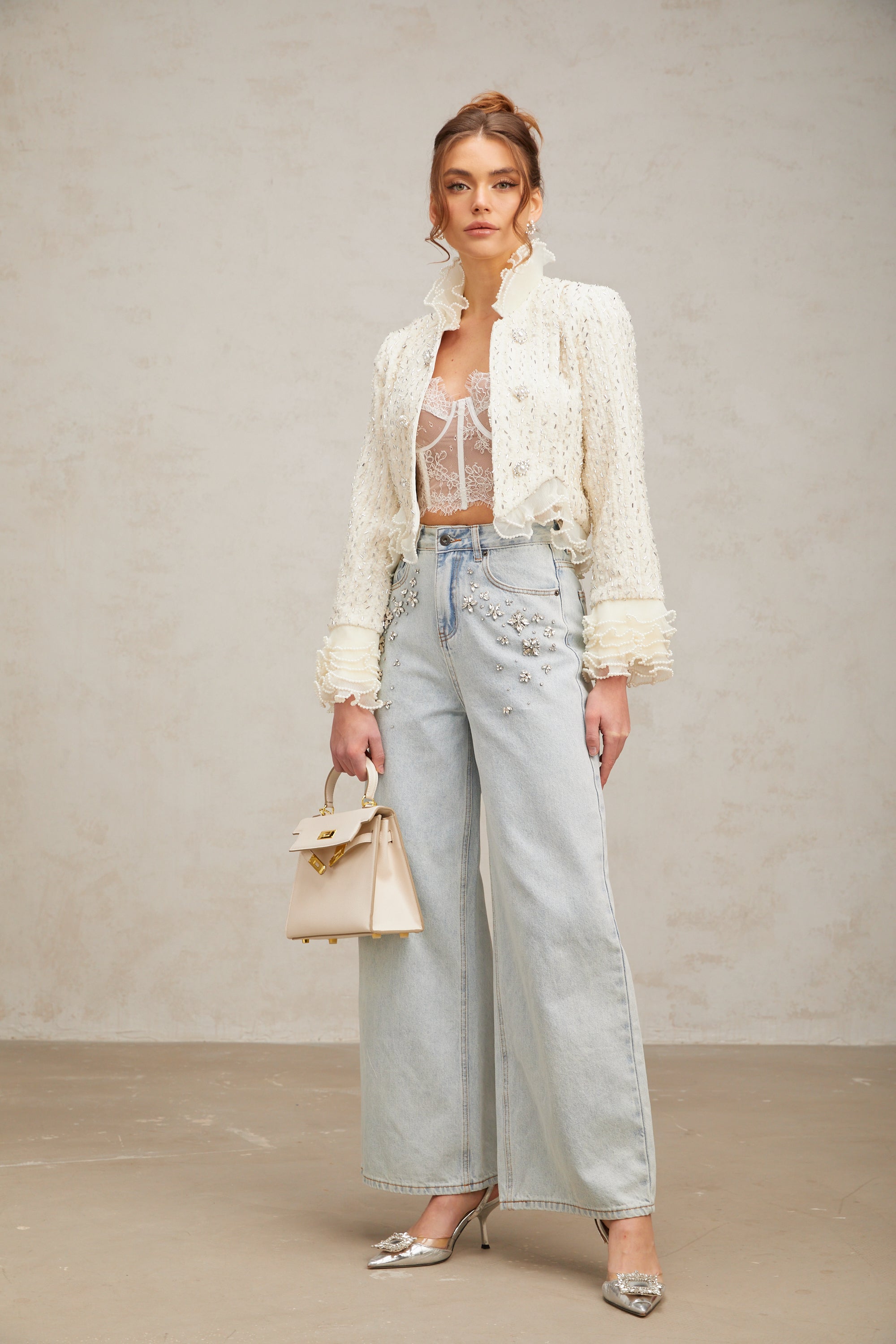 Blanche white beaded ruffle cropped jacket (Final Sale-US Only)