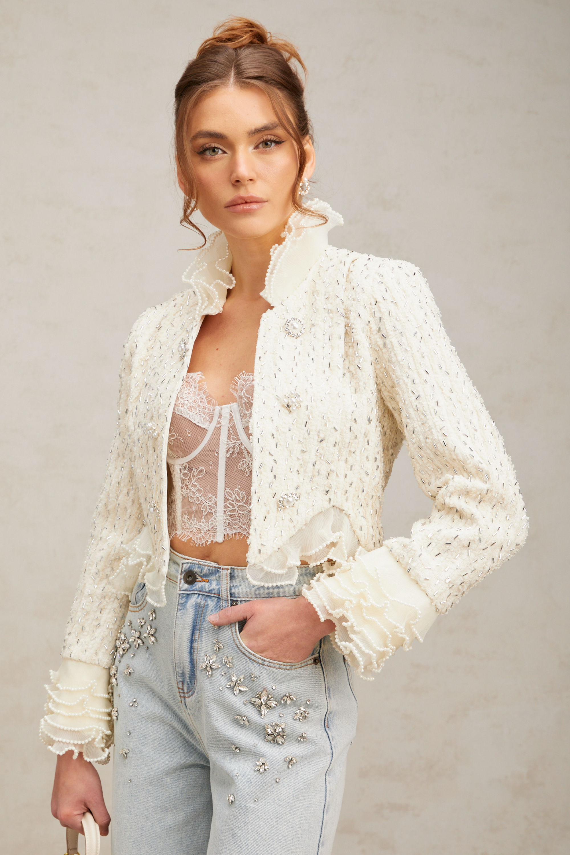 Blanche white beaded ruffle cropped jacket (Final Sale-US Only)