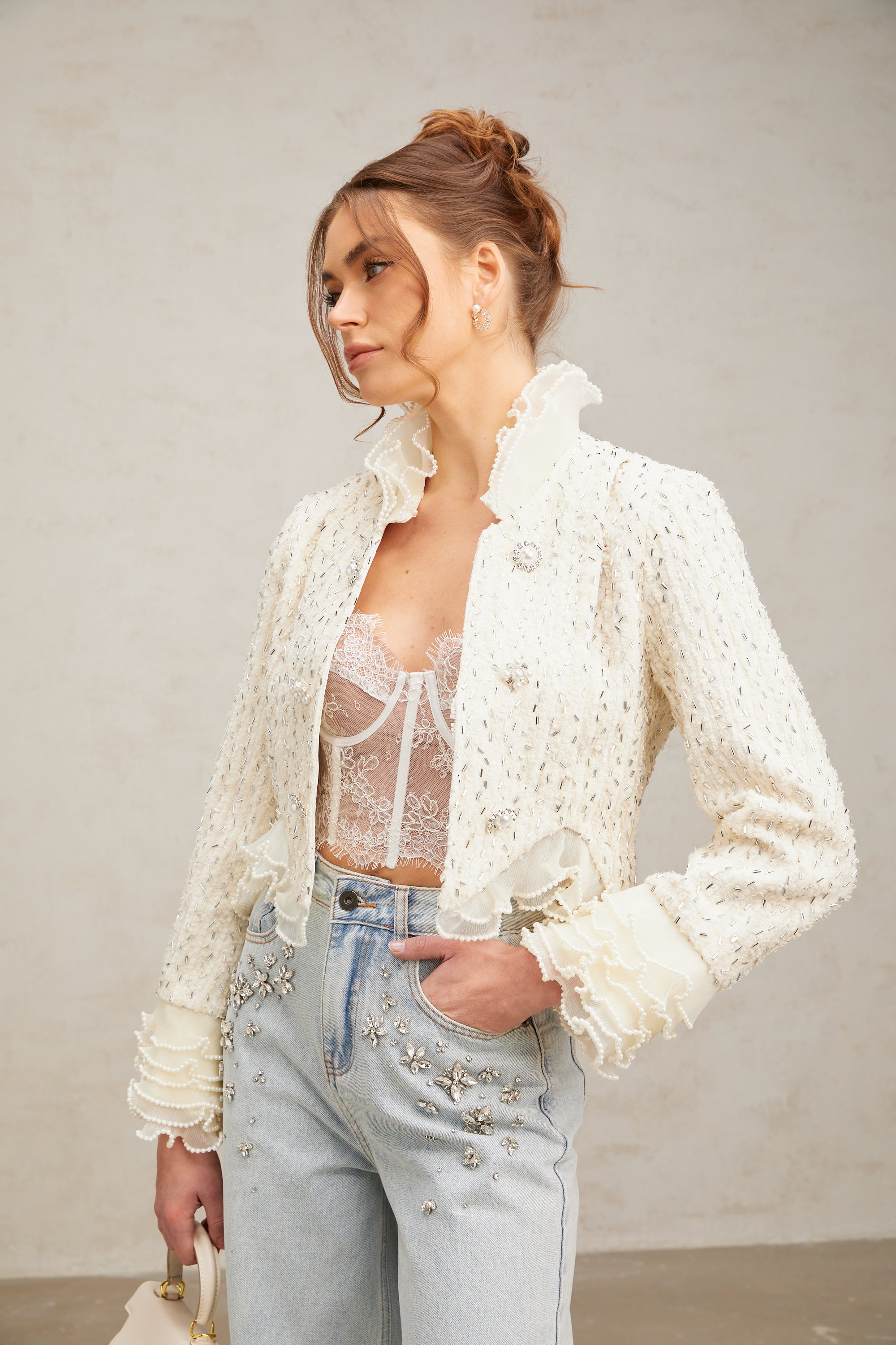 Blanche white beaded ruffle cropped jacket (Final Sale-US Only)