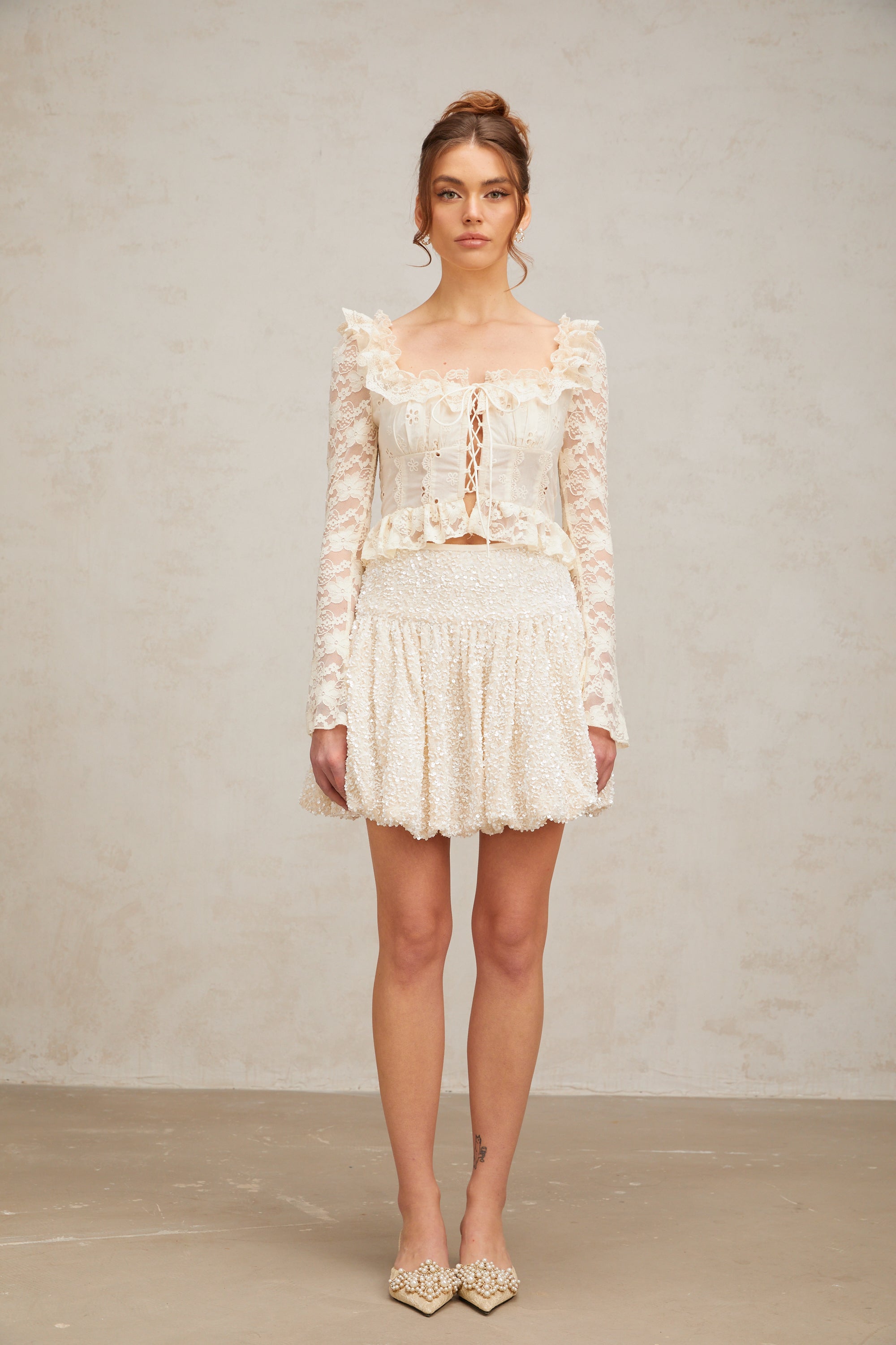 Eugénie off-white floral-lace ruffled blouse (US Only)
