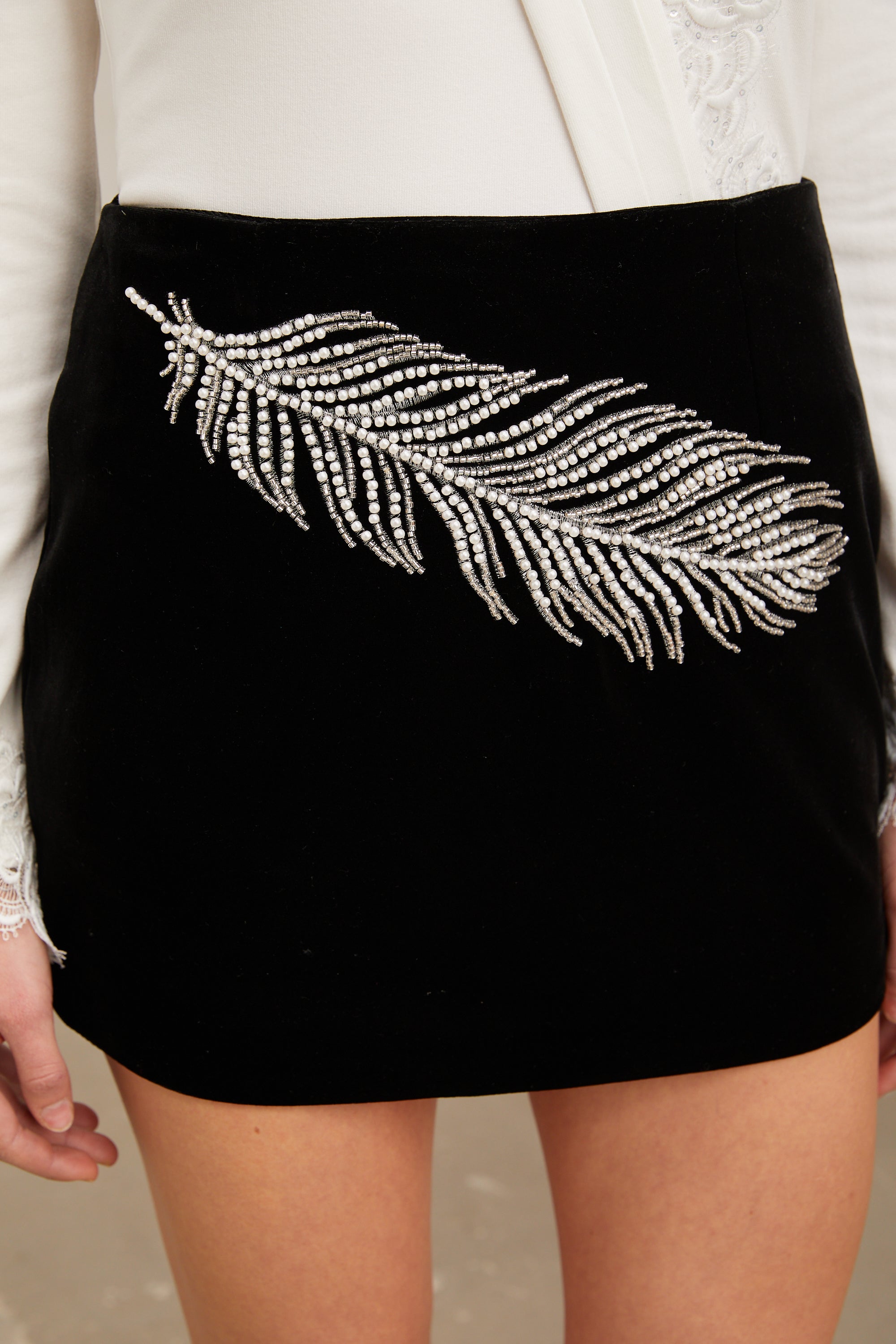 Myriam black embellished feather-embroidered mini skirt