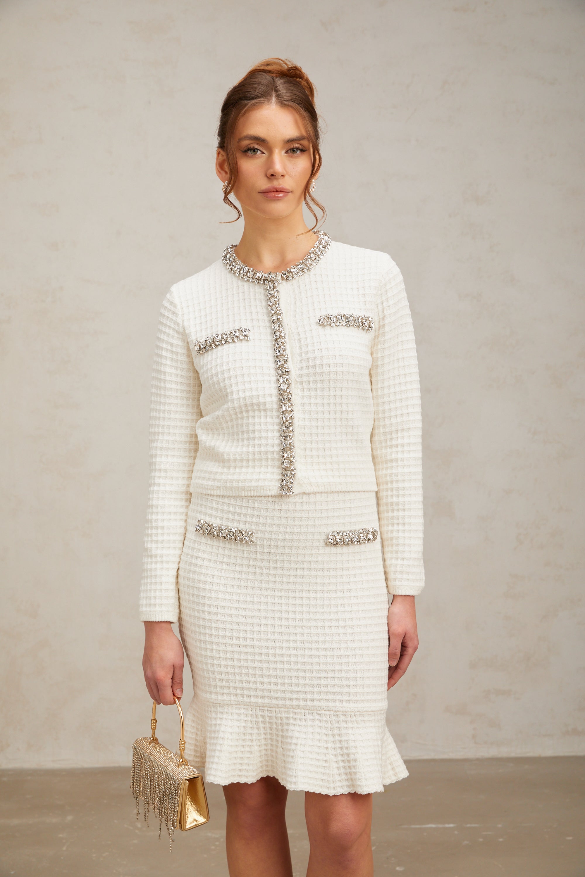 Frida white embellished waffle-knit cardigan & skirt matching set (Final Sale-US Only)