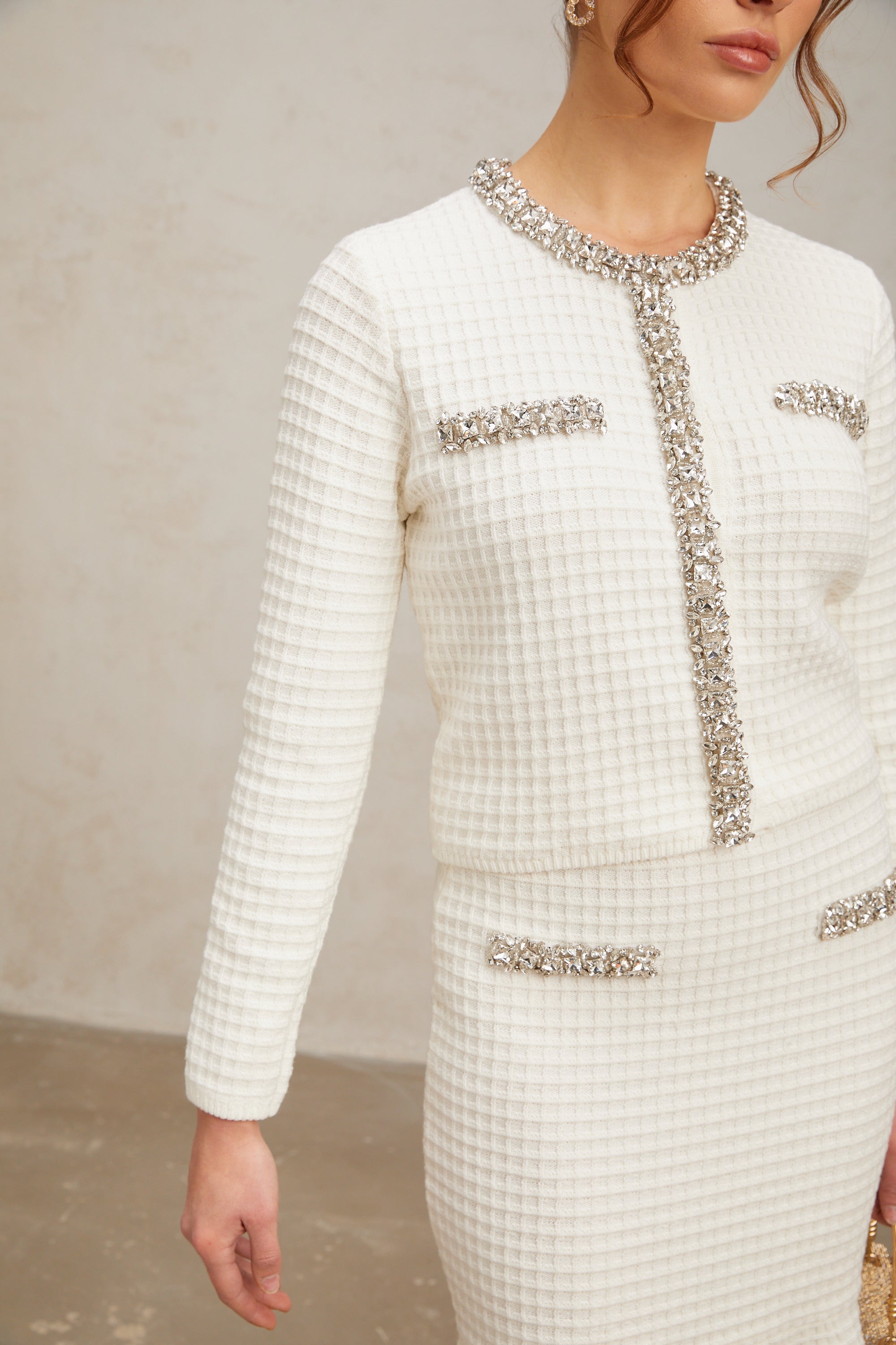 Frida white embellished waffle-knit cardigan & skirt matching set (Final Sale-US Only)