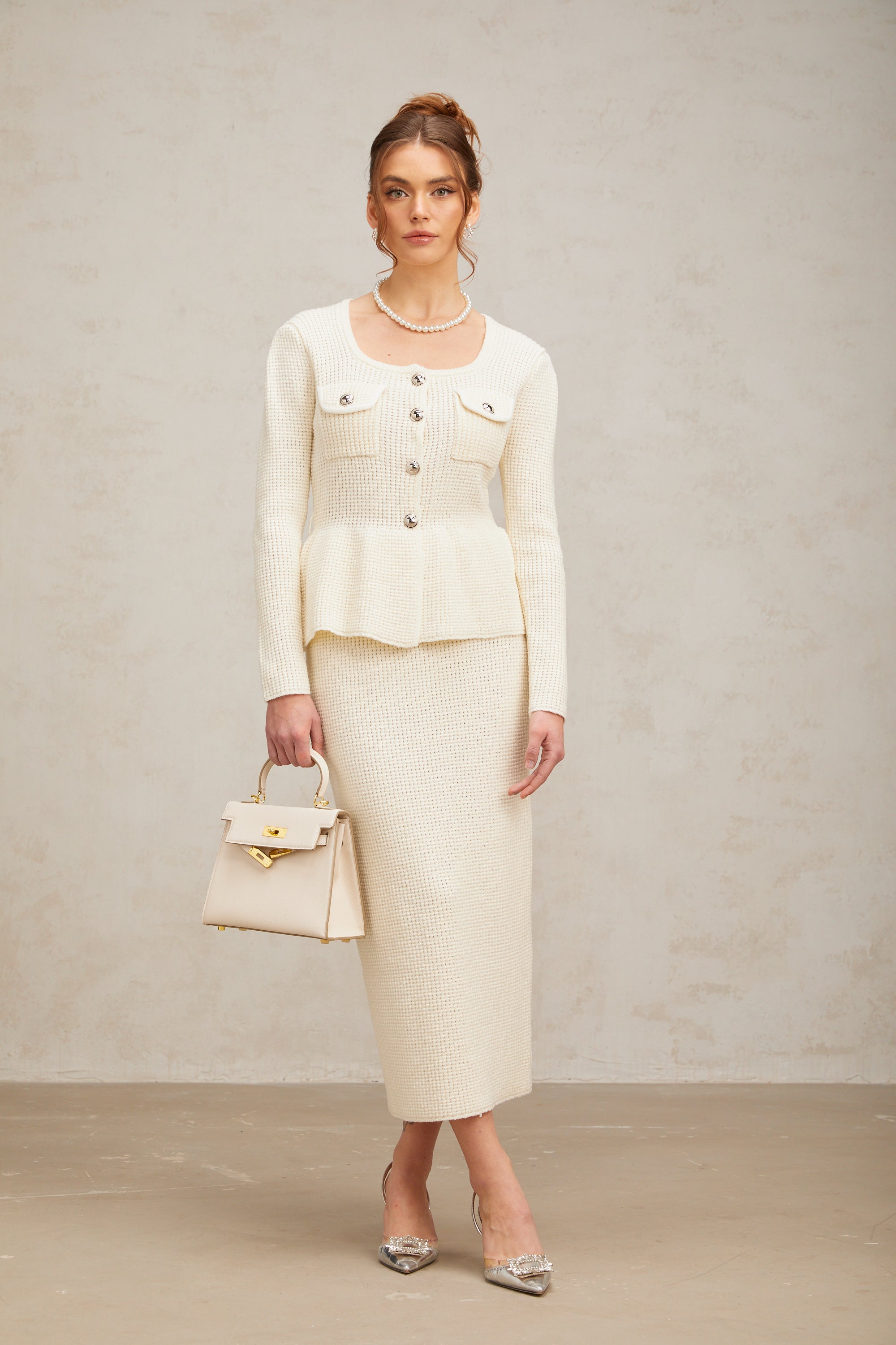 Manon white knitted top & skirt matching set