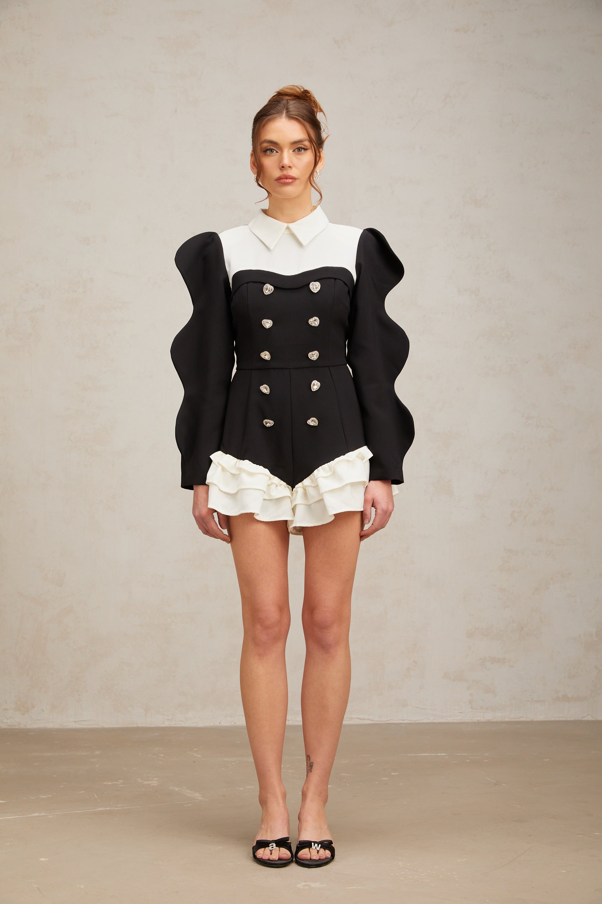 Chloe color-blocked heart-shaped-button ruffled bodysuit (US Only)