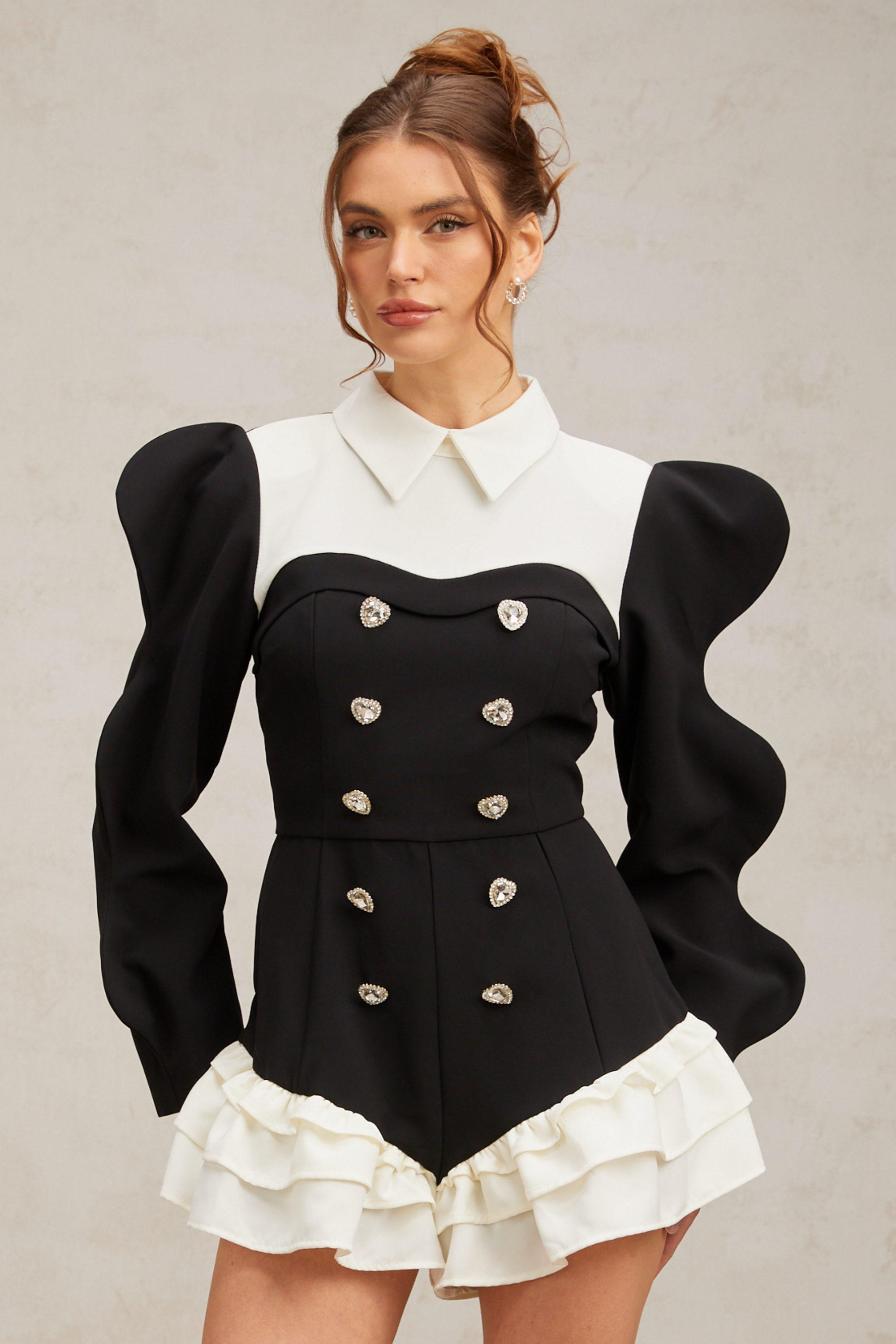 Chloe color-blocked heart-shaped-button ruffled bodysuit (US Only)