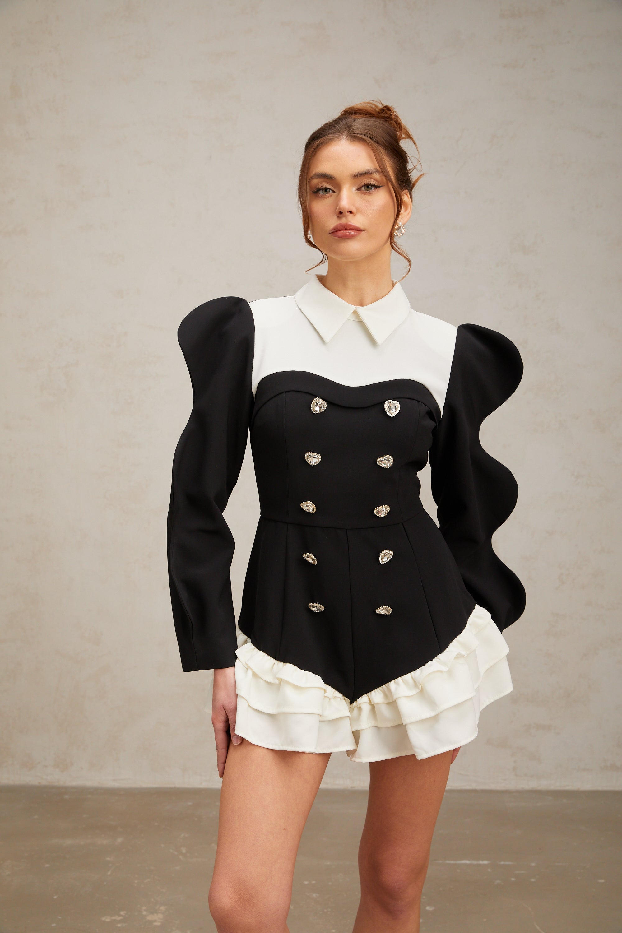 Chloe color-blocked heart-shaped-button ruffled bodysuit (US Only)