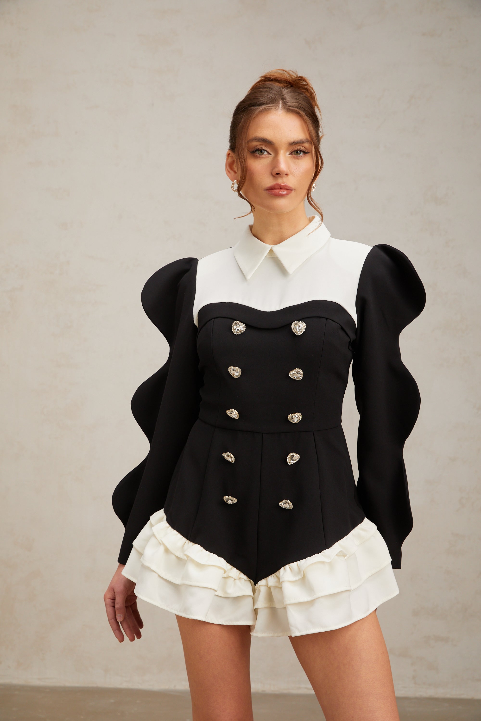 Chloe color-blocked heart-shaped-button ruffled bodysuit (US Only)