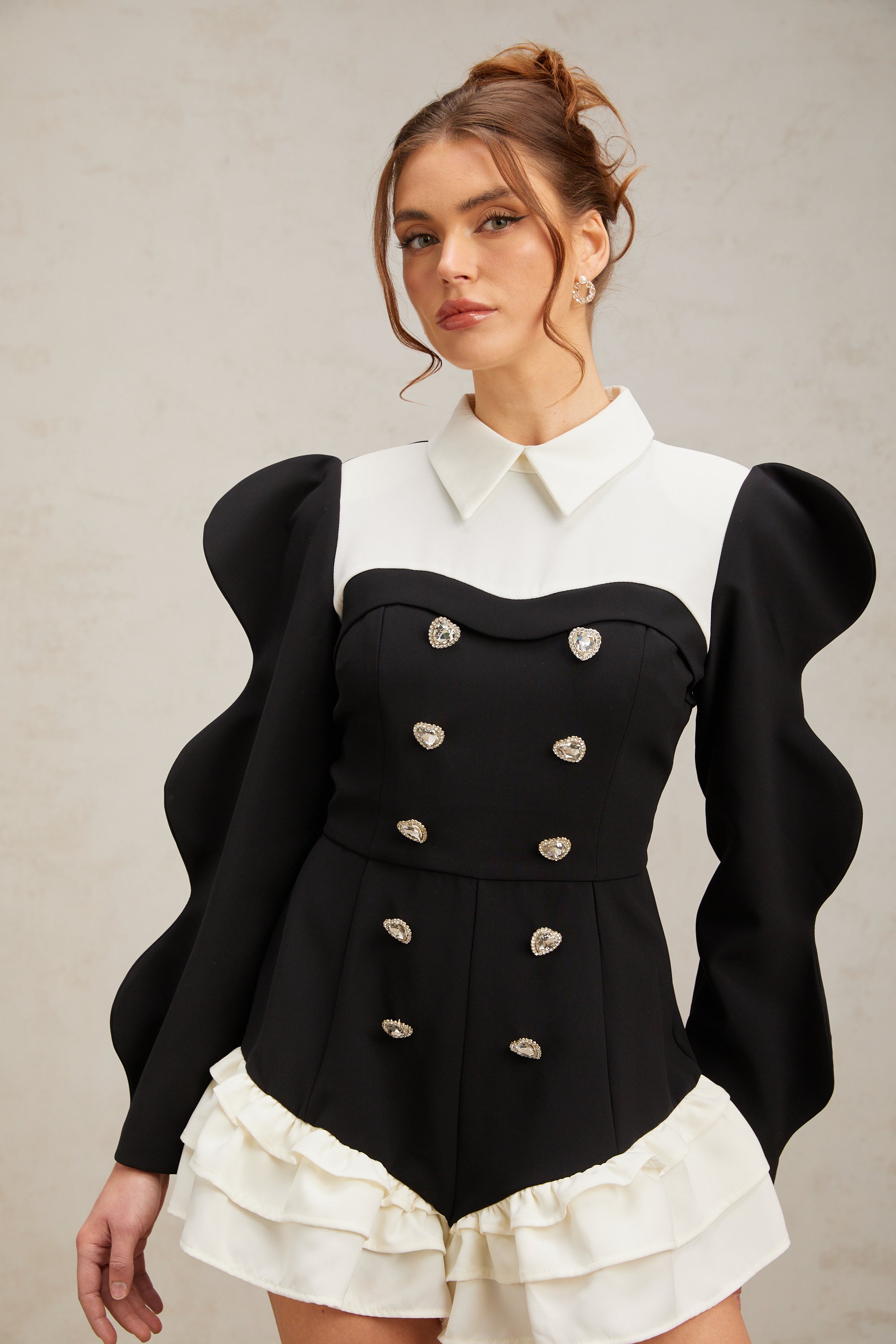 Chloe color-blocked heart-shaped-button ruffled bodysuit (US Only)