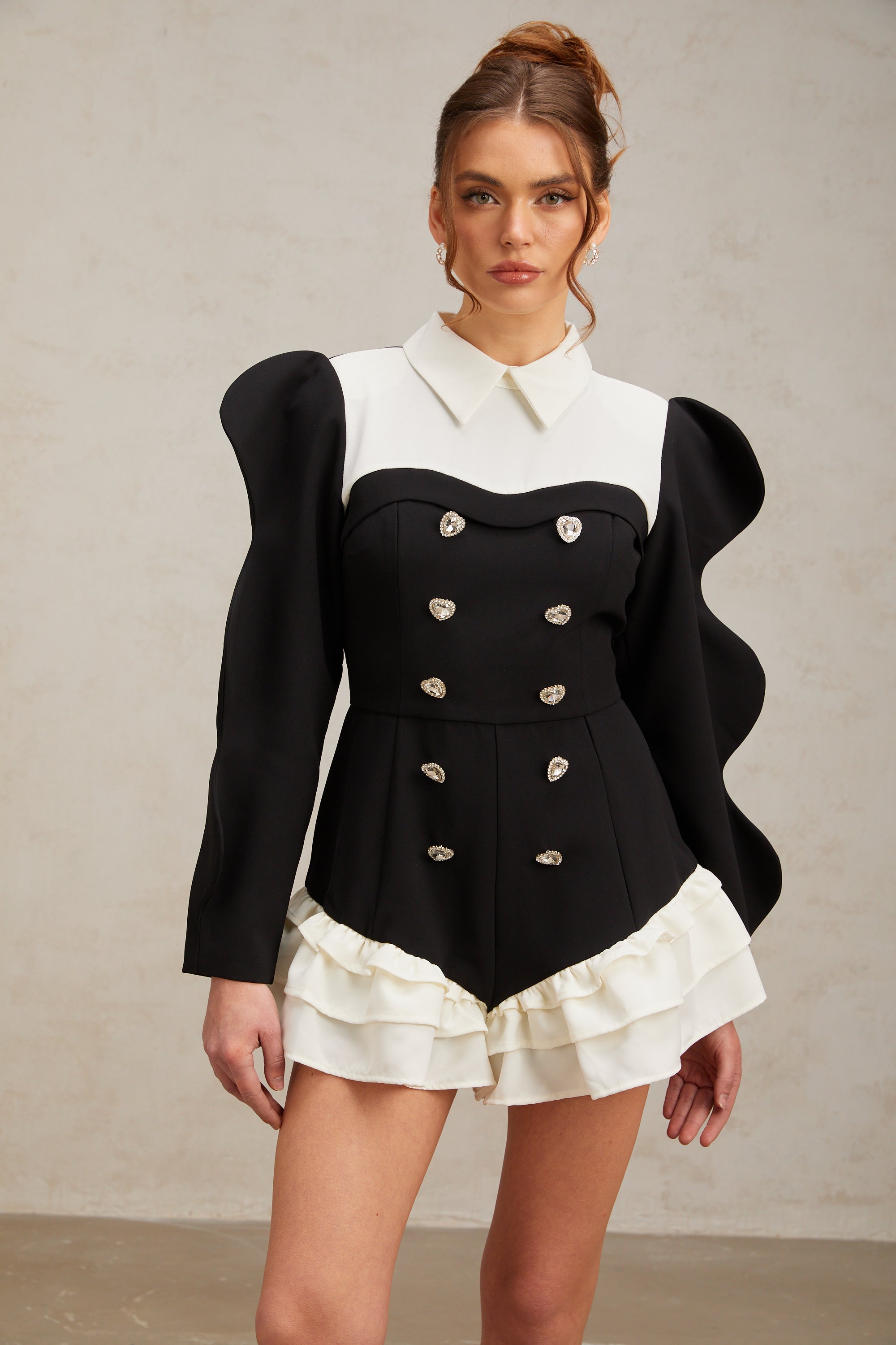 Chloe color-blocked heart-shaped-button ruffled bodysuit (US Only)