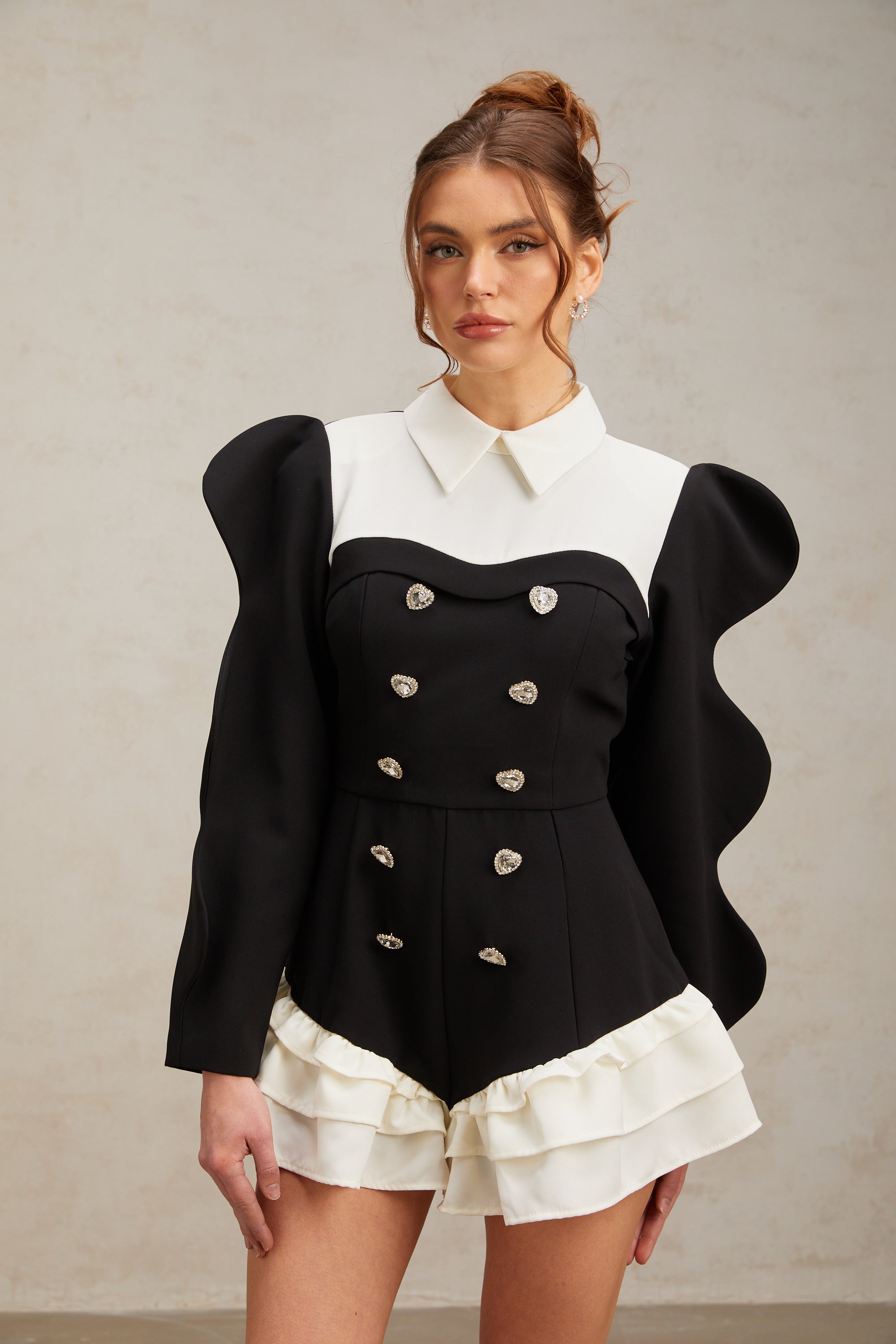 Chloe color-blocked heart-shaped-button ruffled bodysuit (US Only)