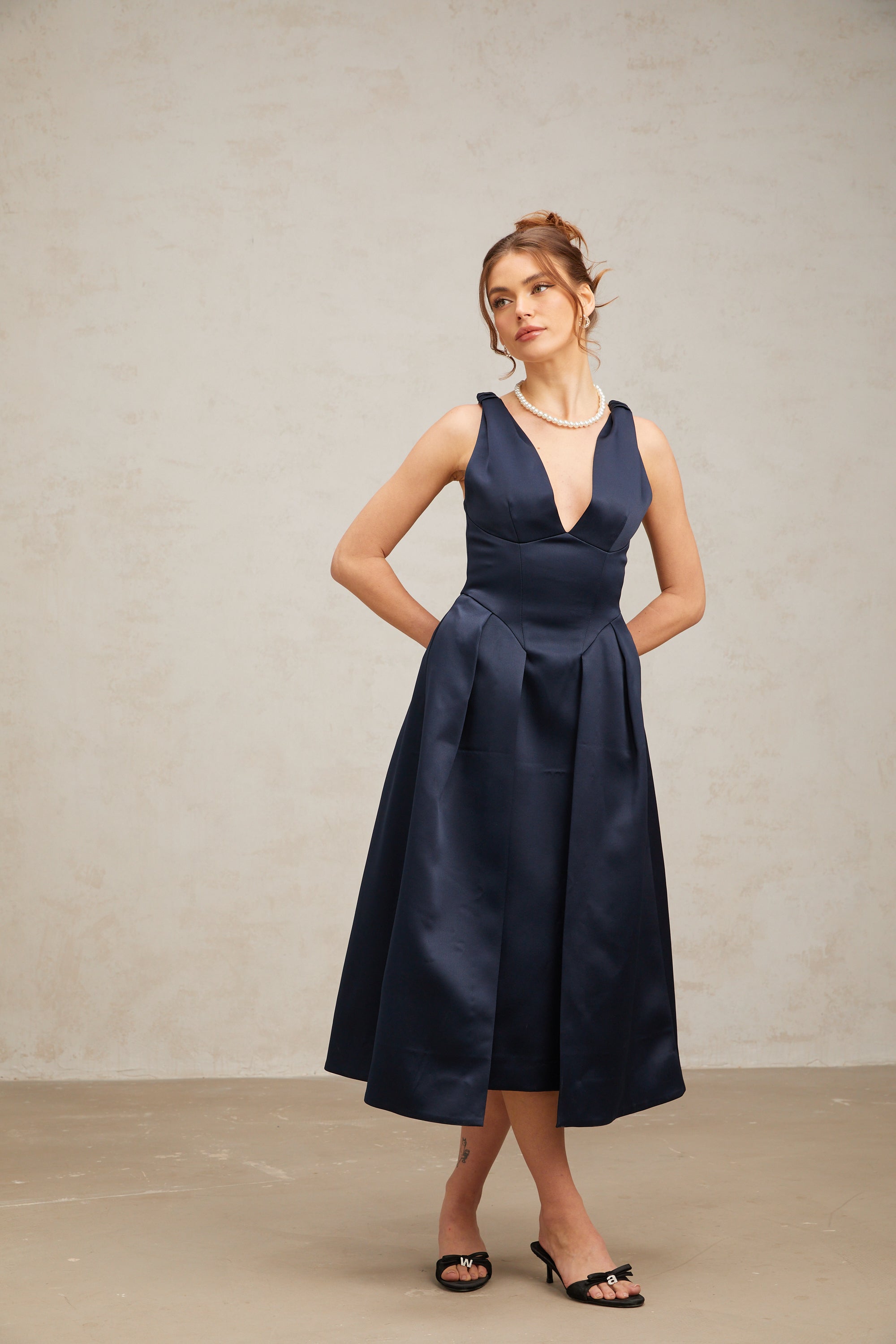 Chantale blue twist-detail satin midi dress