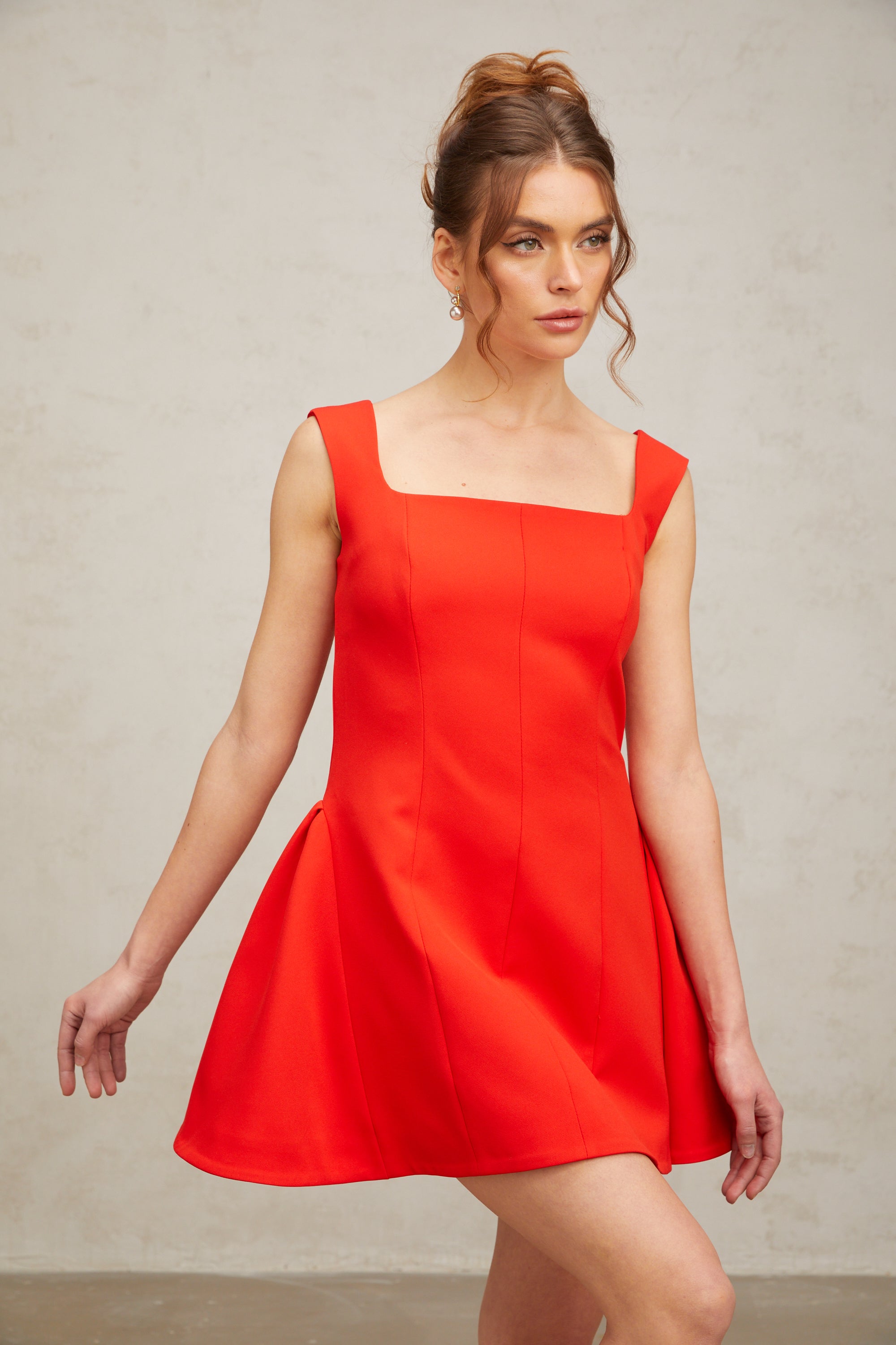 Margherita square-neck puff mini dress in Red